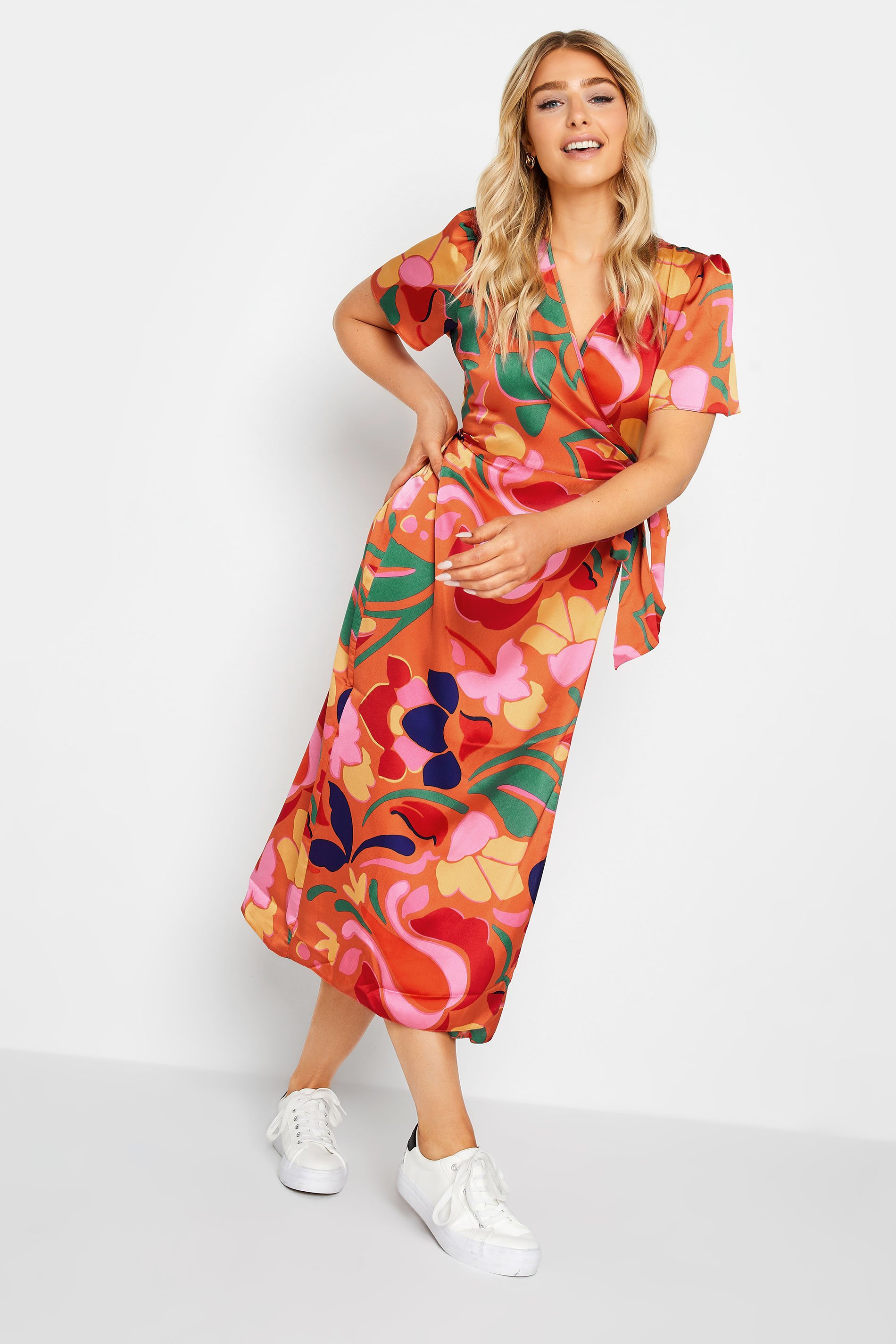 M&Co Orange Floral Print Wrap Dress | M&Co 1