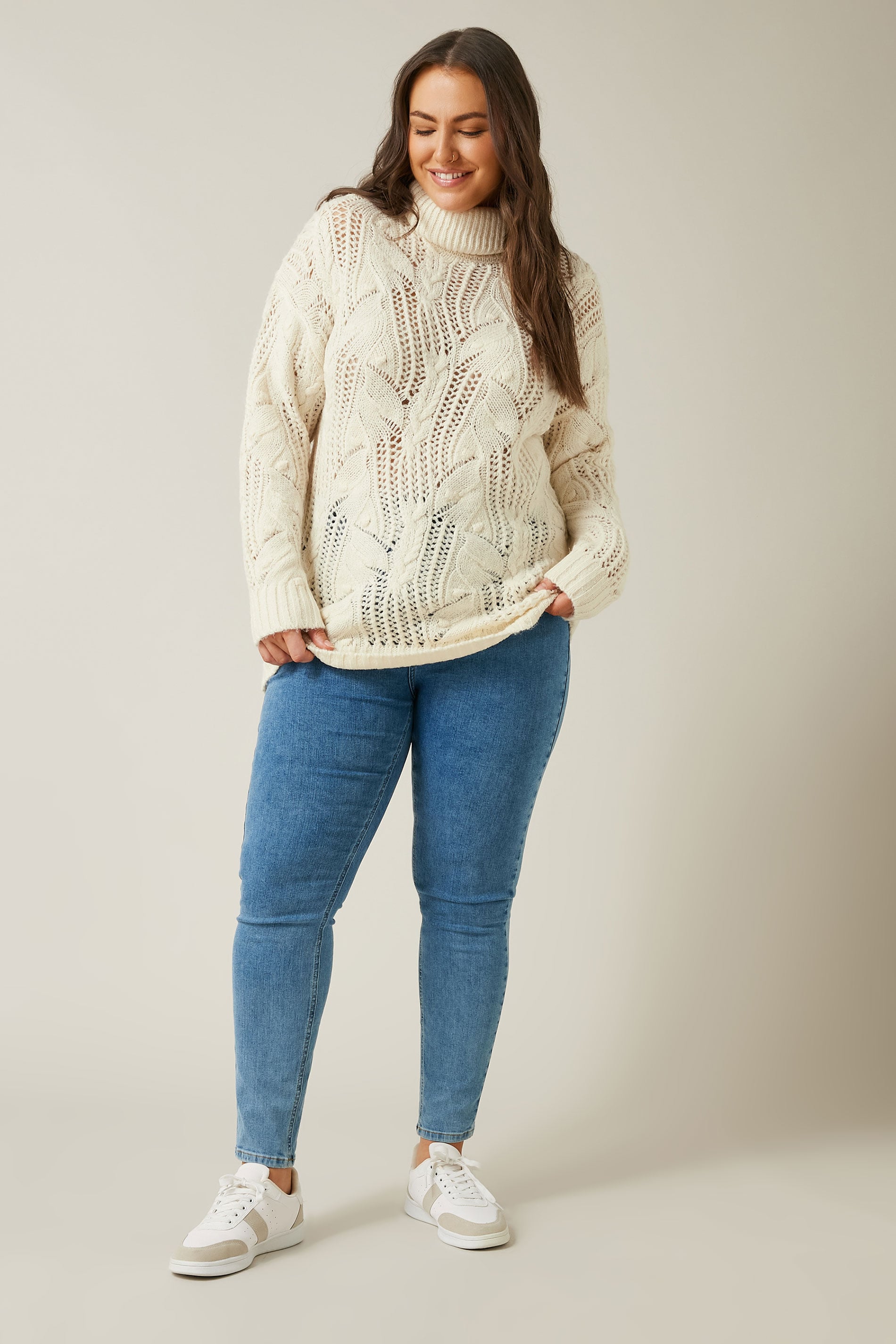 EVANS Plus Size White Roll Neck Stitch Detailing Knitted Jumper | Evans 2