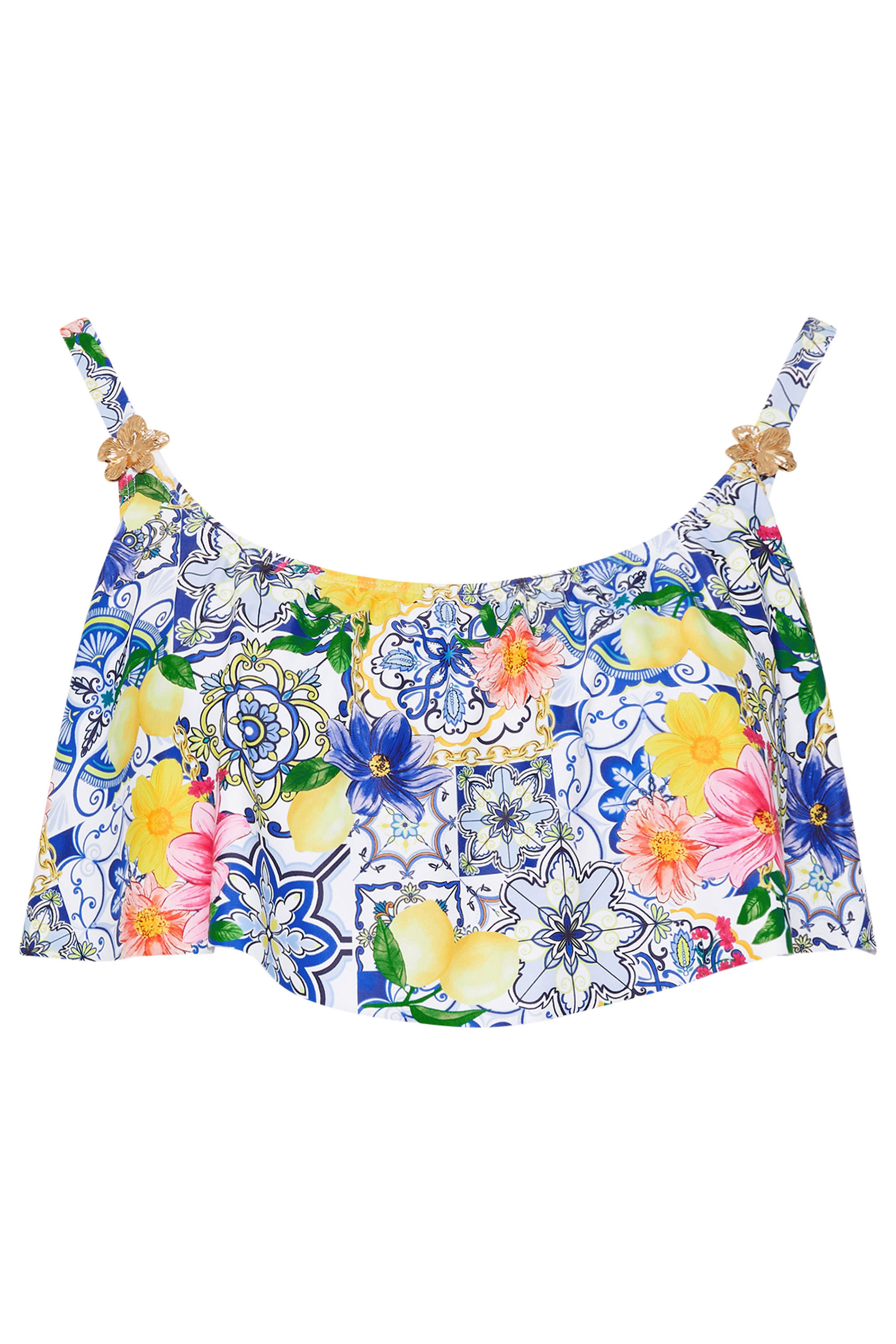 YOURS Plus Size Blue Mediterranean Tile Frill Bikini Top | Yours Clothing 6