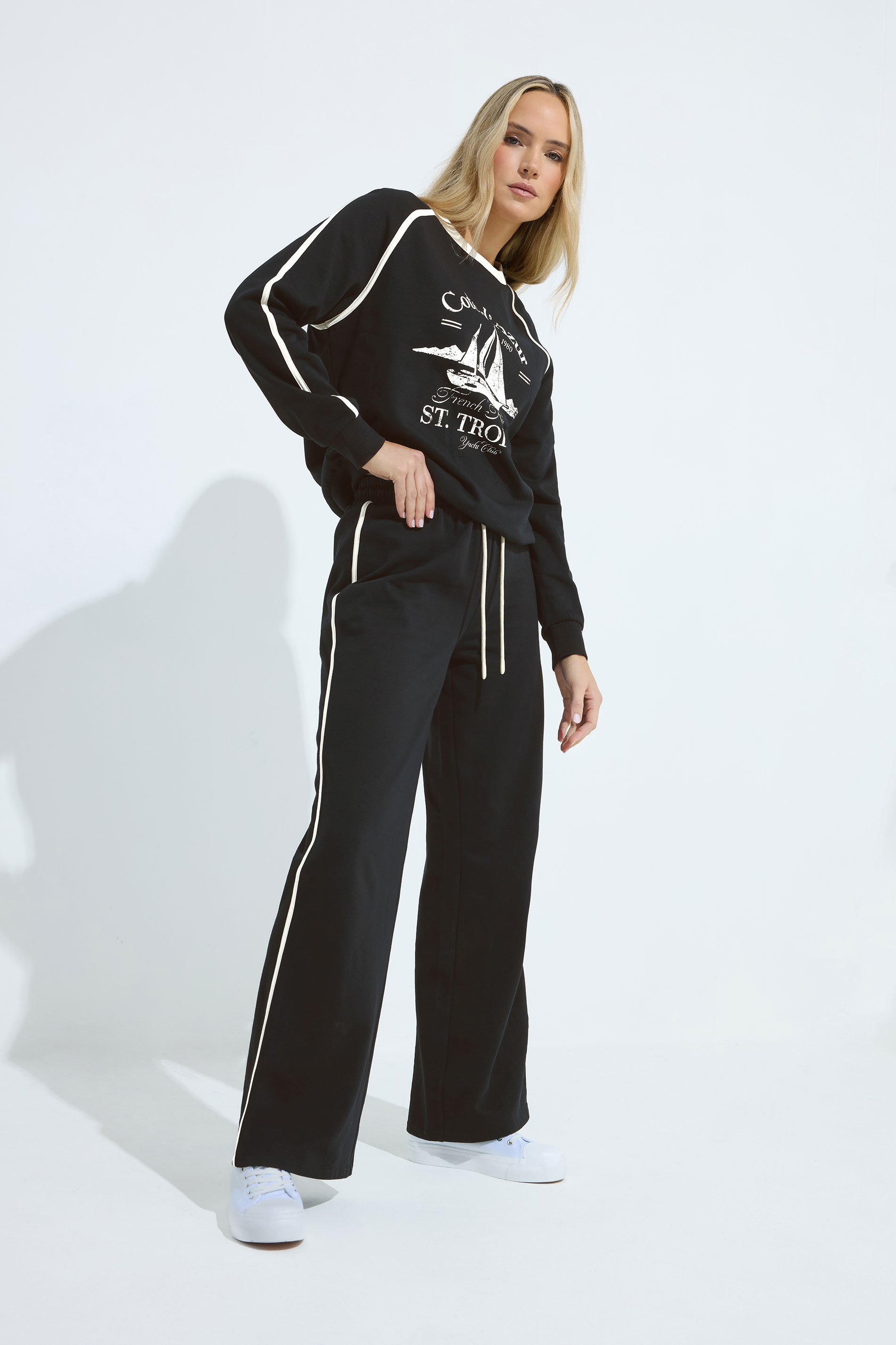 LTS Tall Black Pipe Detail Wide Leg Joggers | Long Tall Sally 3