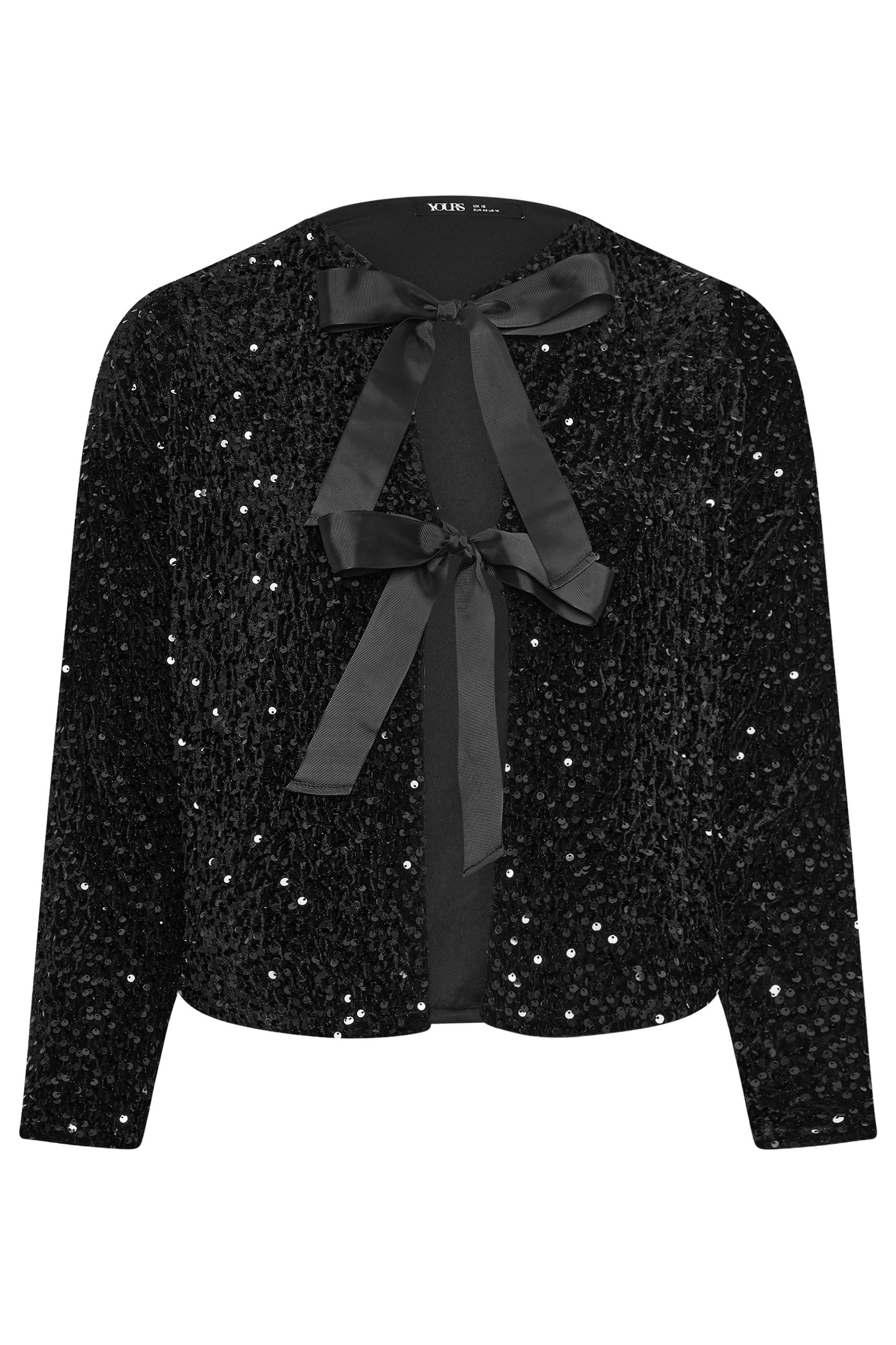 YOURS Plus Size Black Velvet Bow Tie Front Sequin Jacket | Yours Clothing 7