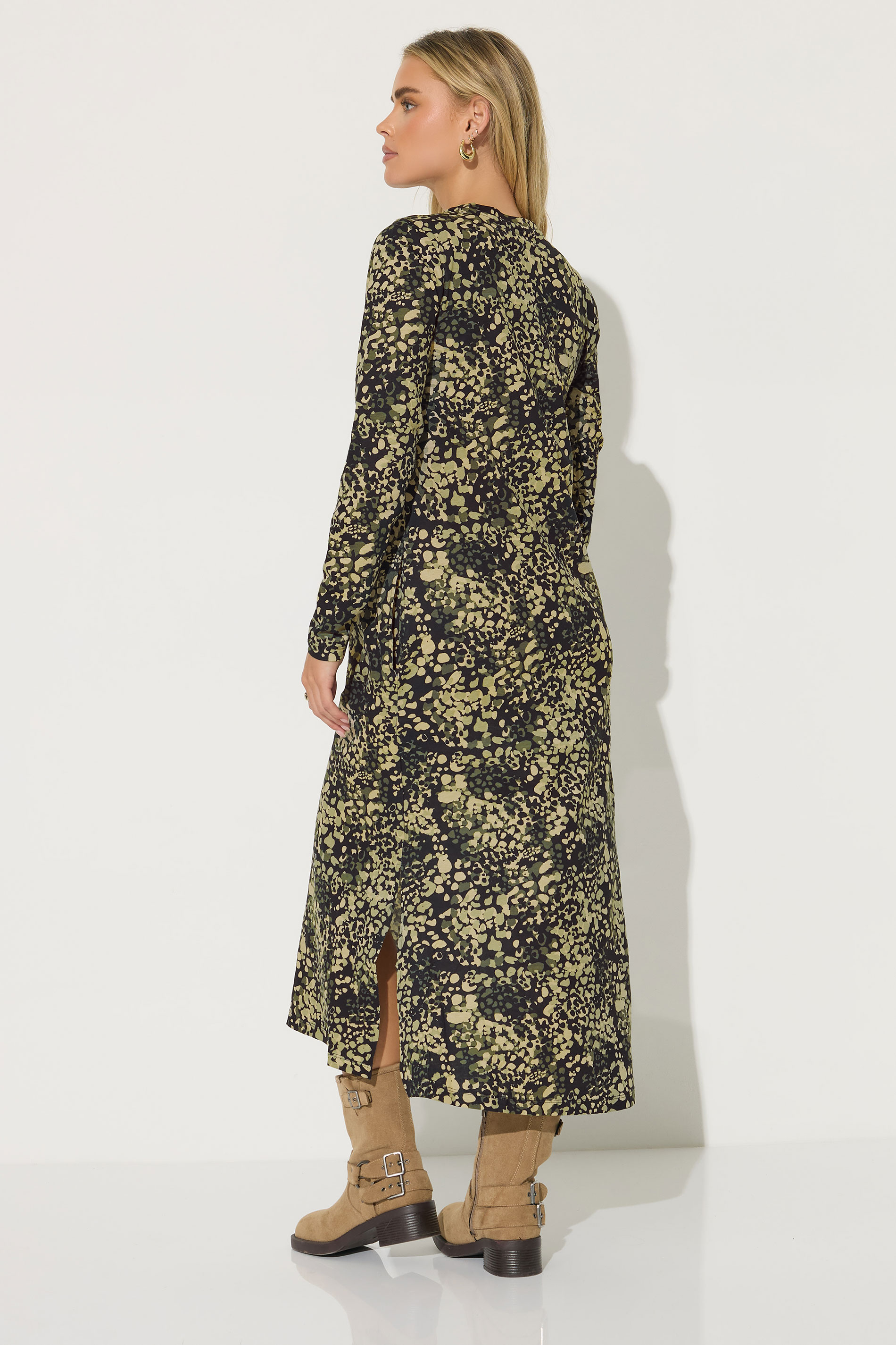 PixieGirl Petite Women's Khaki Green Abstract Animal Long Sleeve Cotton T-Shirt Dress | PixieGirl 4