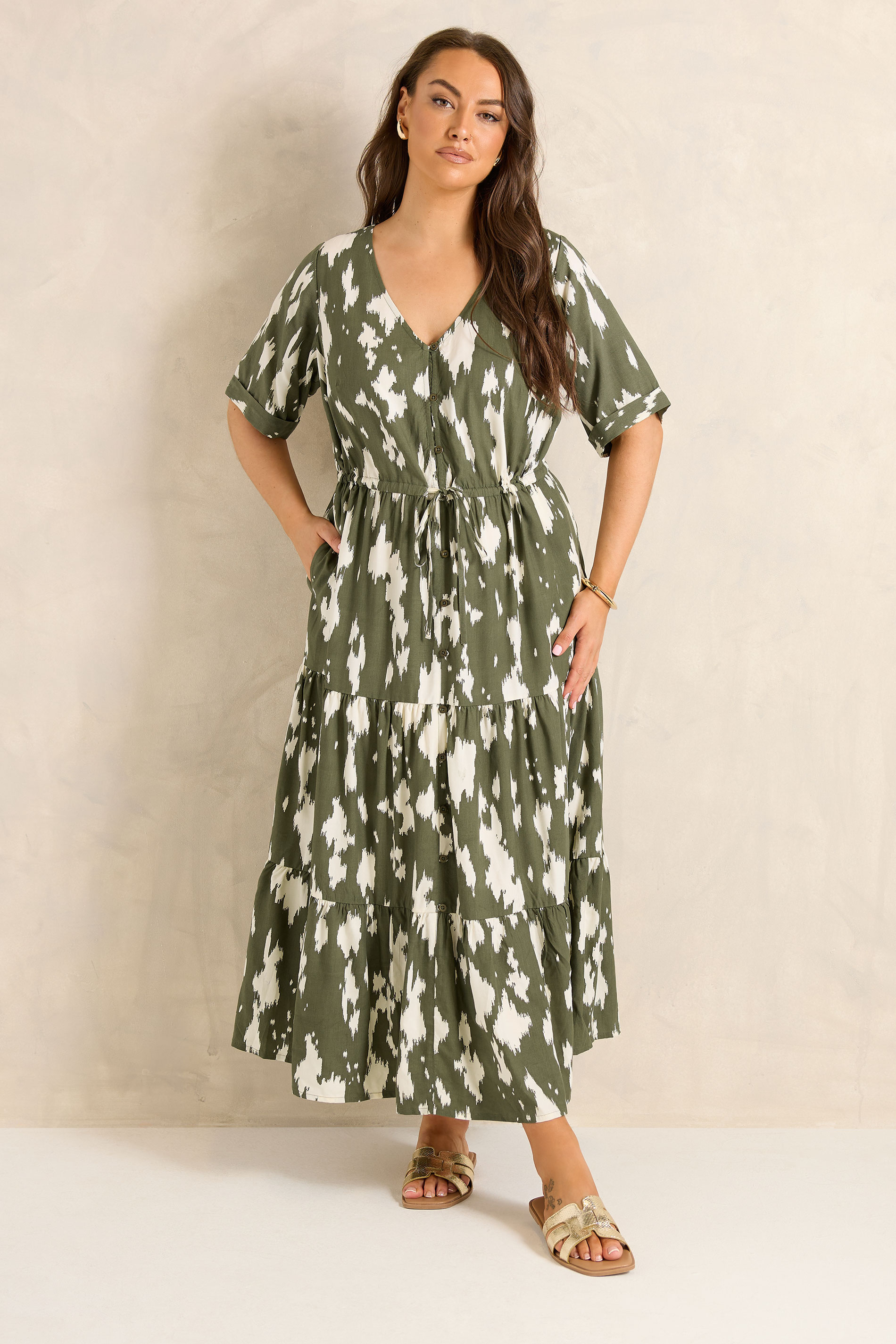EVANS Plus Size Khaki Green Abstract Placket Dress | Evans 1