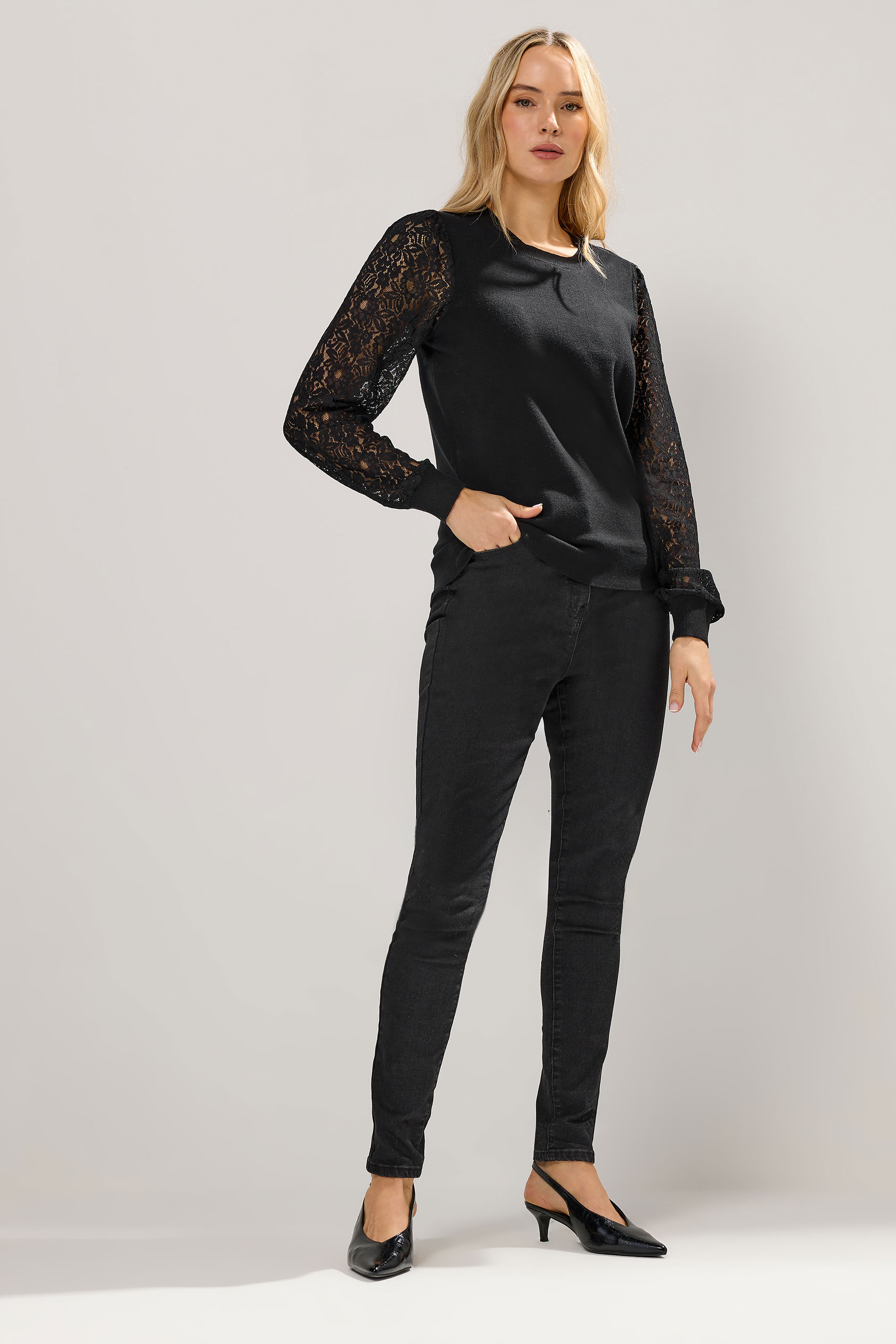 LTS Tall Black Lace Sleeve Knit Jumper | Long Tall Sally 1