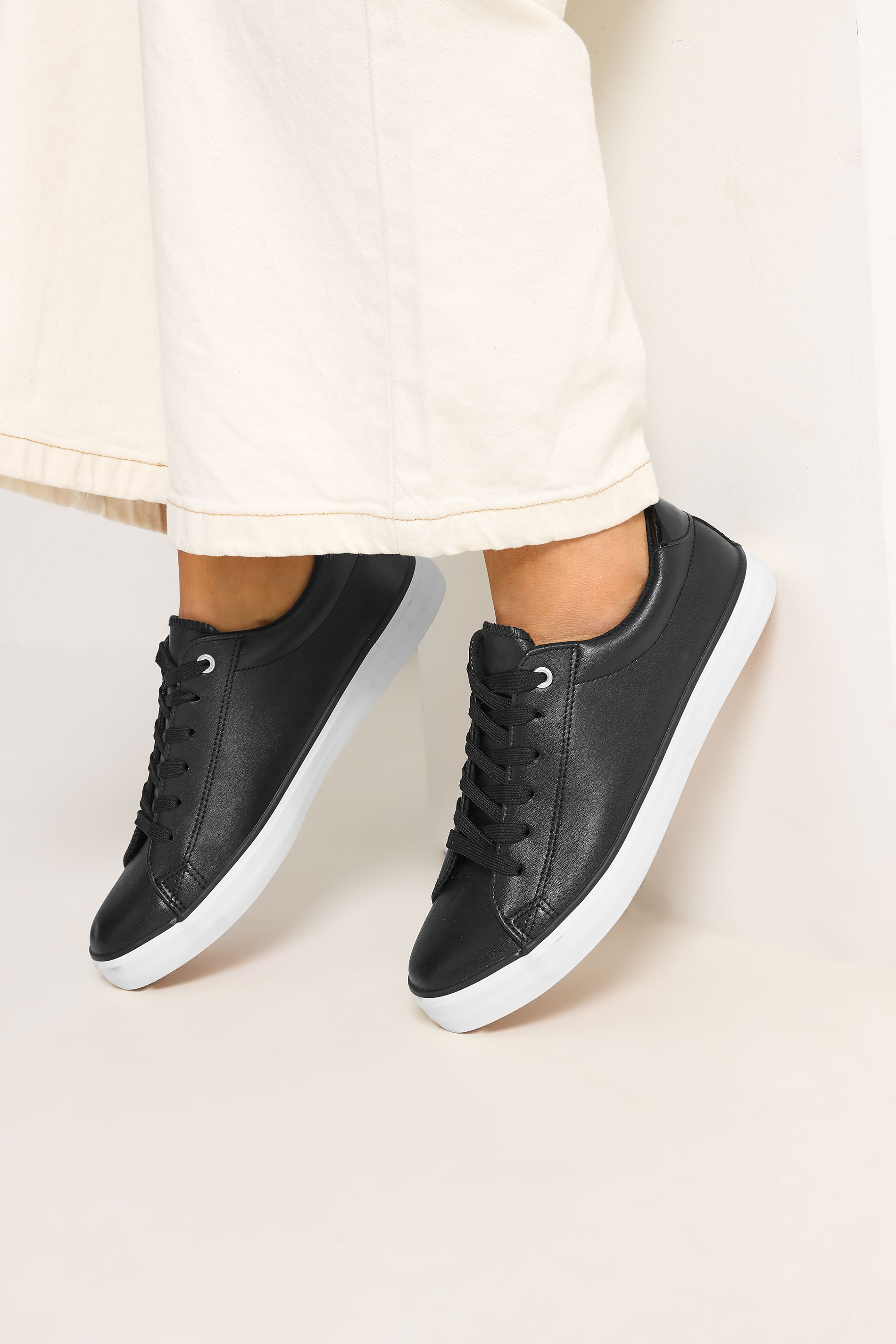 Black Faux Leather Lace Up Trainers In Extra Wide EEE Fit | Yours Clothing 3