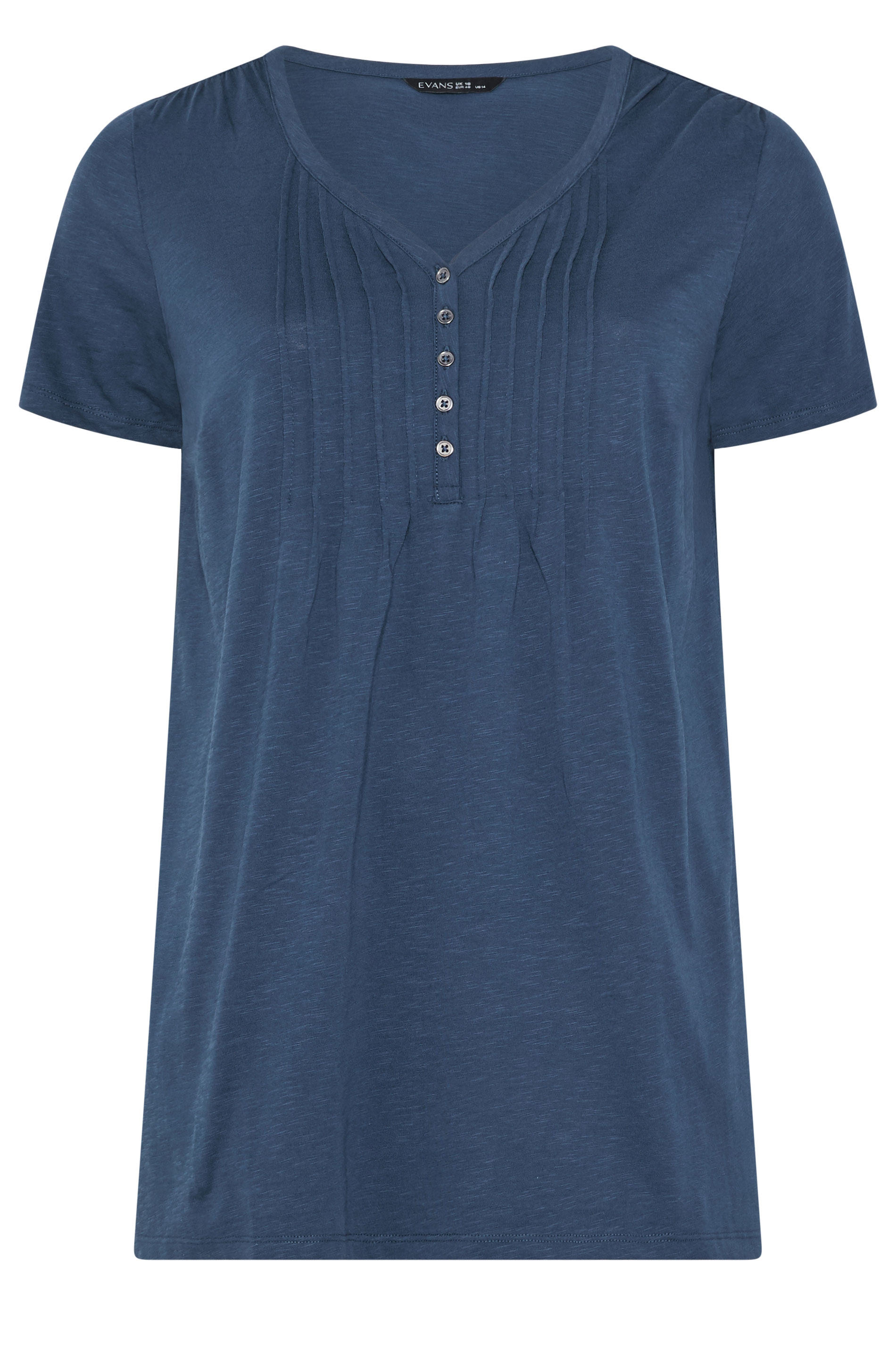 EVANS Plus Size Navy Blue Short Sleeve Cotton Henley Top | Evans 5
