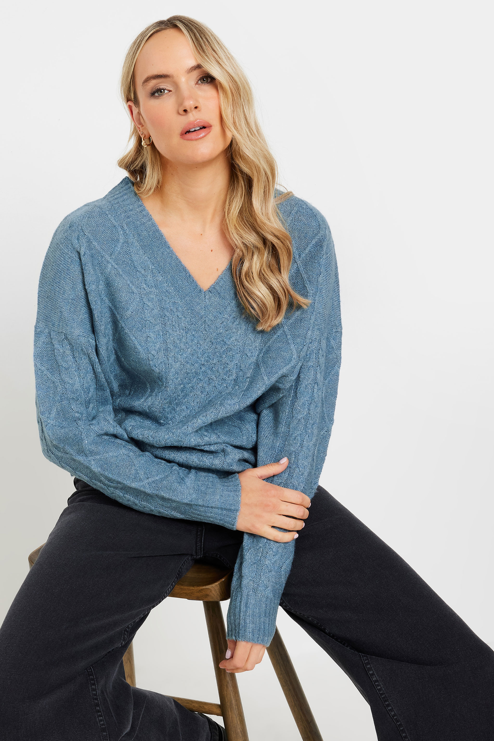 LTS Tall Blue Cable Knit V-Neck Jumper | Long Tall Sally 3