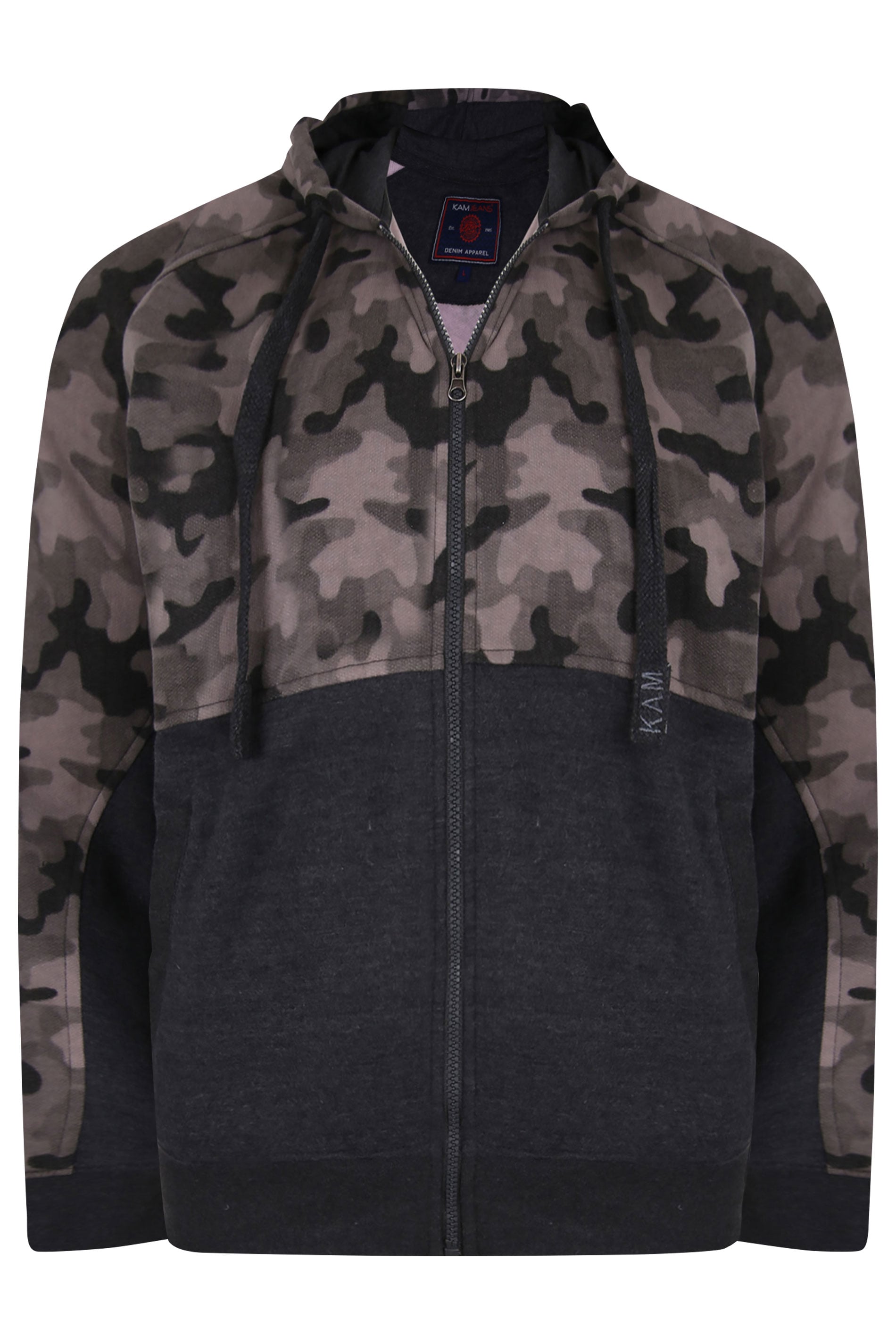 KAM Charcoal Grey Camo Colour Block Zip Through Hoodie | BadRhino 2