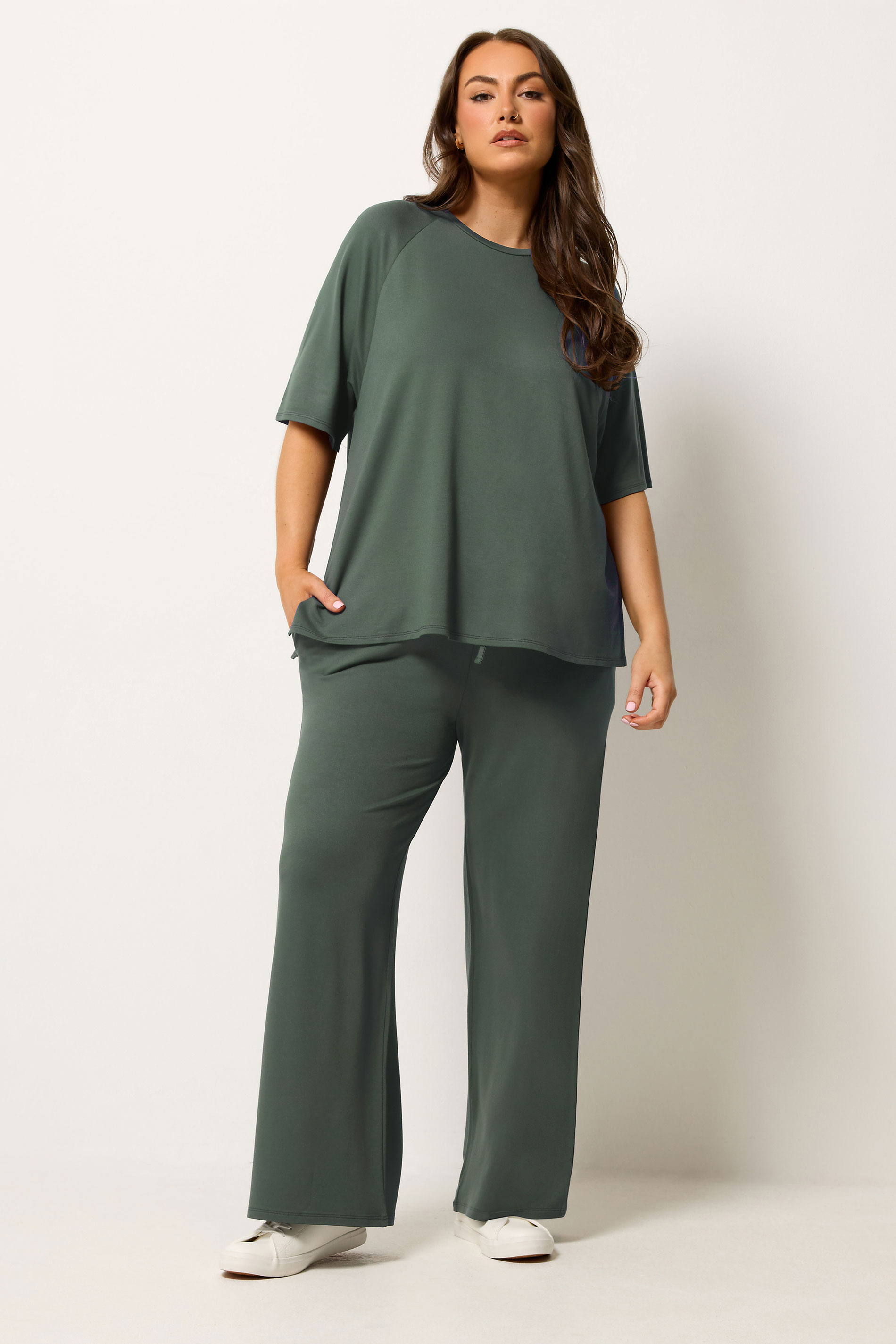 YOURS Plus Size Sage Green Soft Touch Wide Leg Joggers | Yours Clothing 3