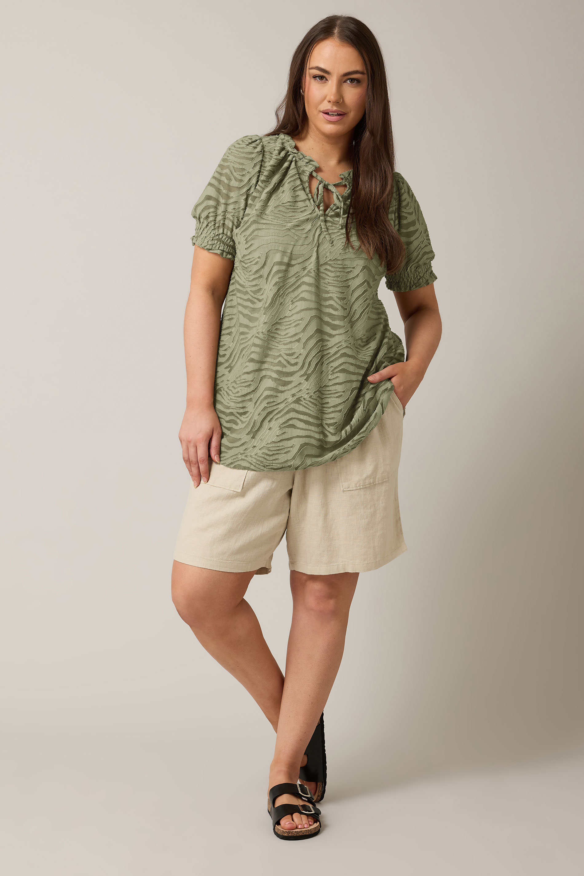 EVANS Plus Size Khaki Green Burnout Print Tie Neck Blouse | Evans 1