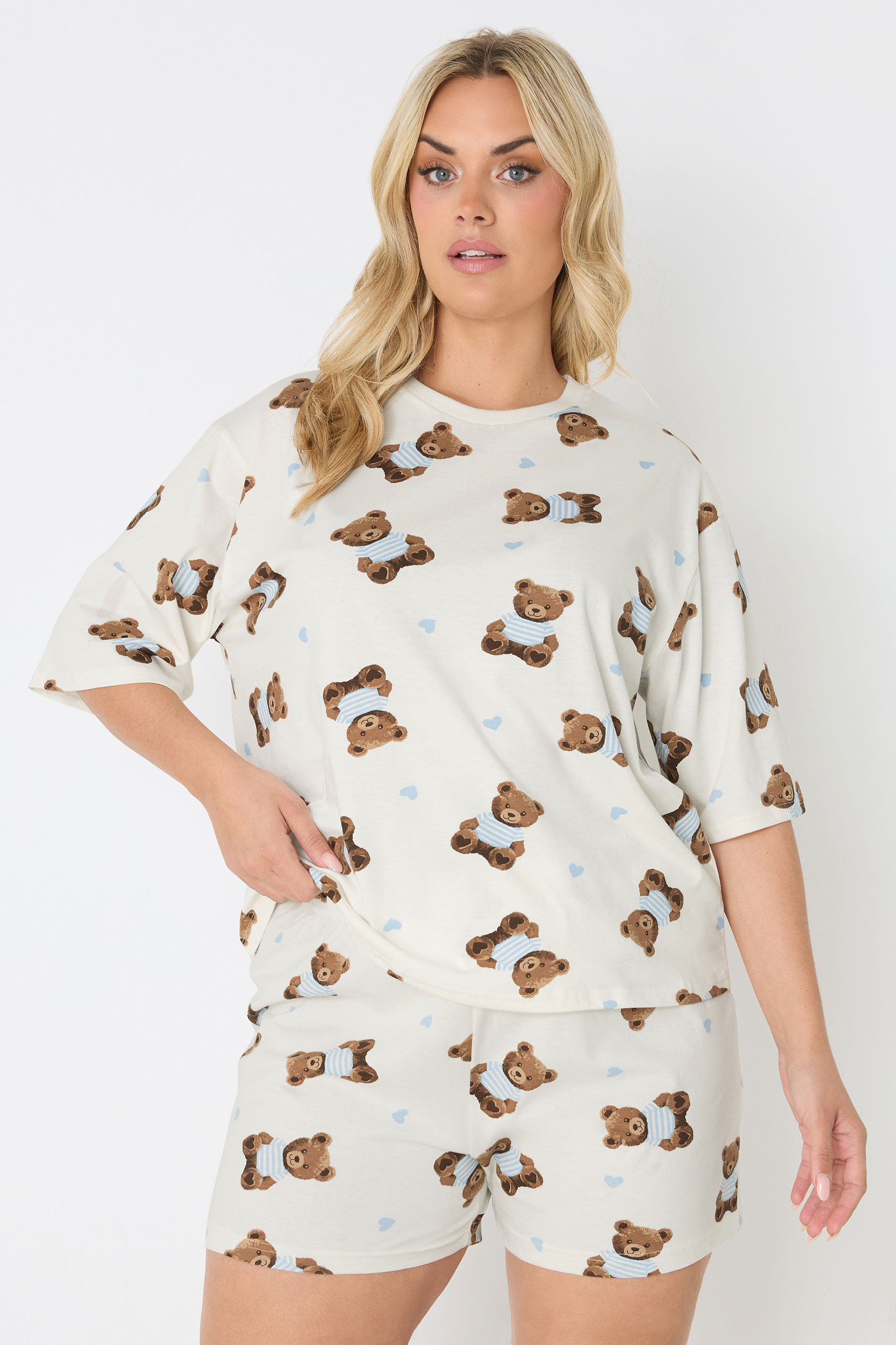 YOURS Plus Size Ivory White Teddy Short Pyjama Set | Yours Clothing 3