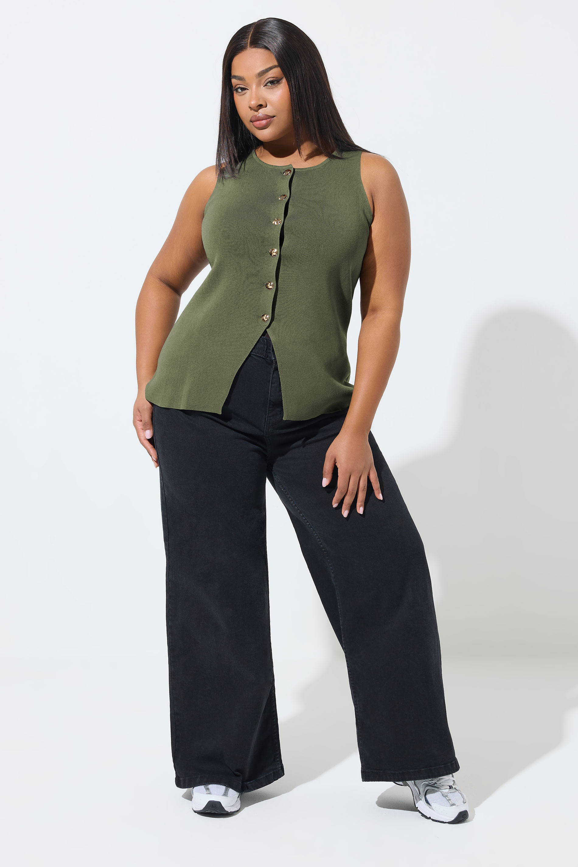 LIMITED COLLECTION Plus Size Khaki Green Knitted Waistcoat | Yours Clothing 1