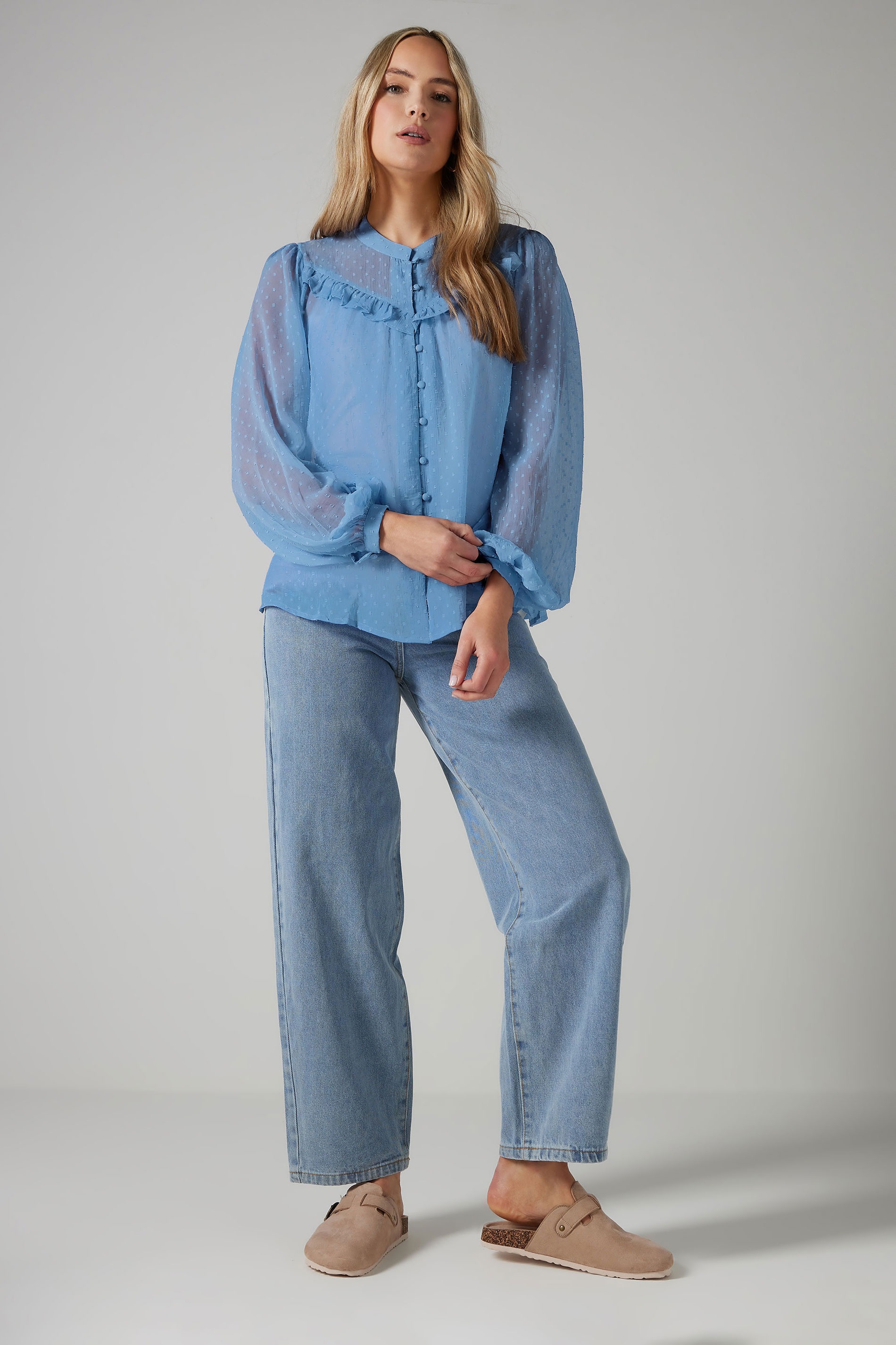 LTS Tall Blue Sheer Dobby Frill Blouse | Long Tall Sally 1