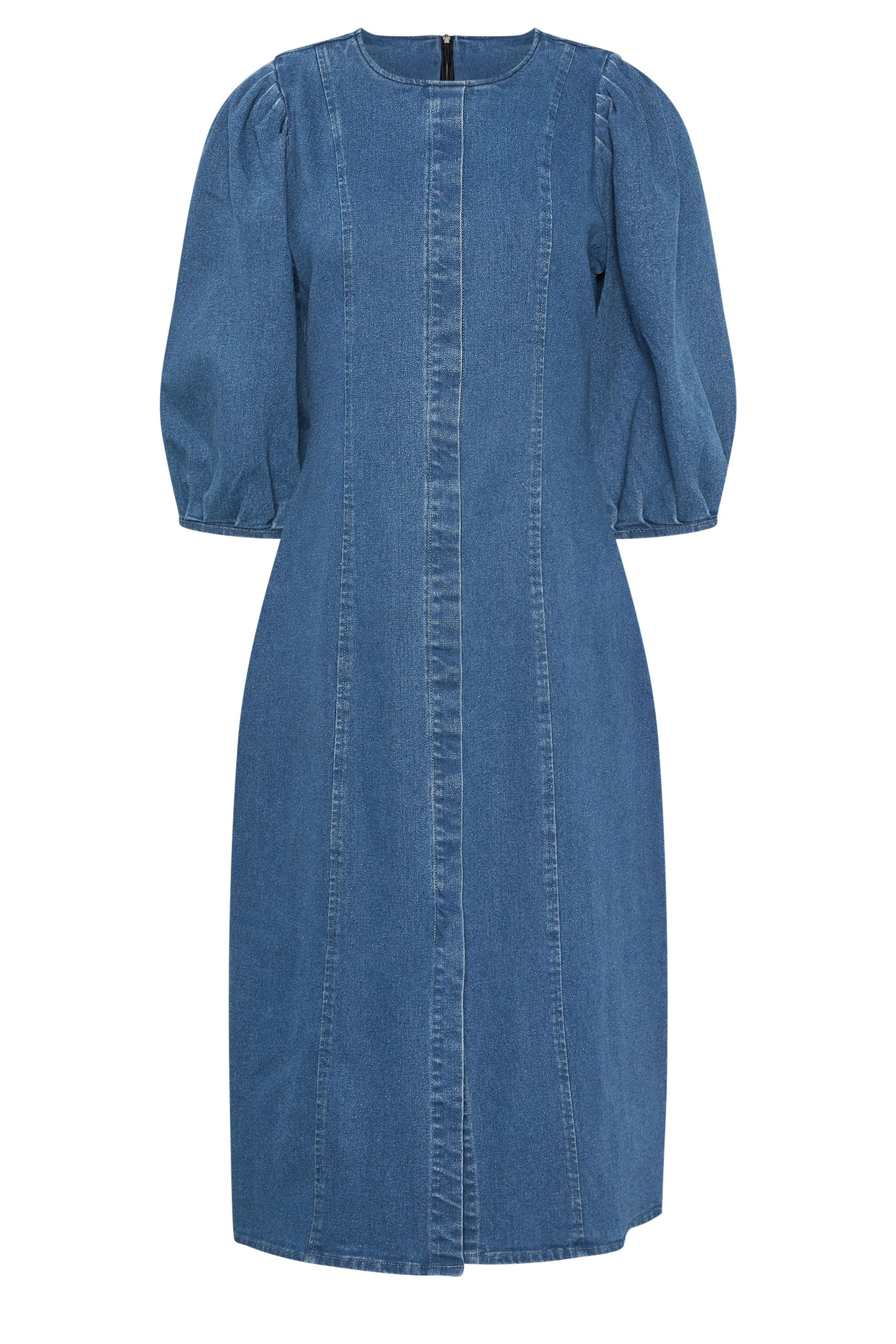 PixieGirl Petite Women's Mid Blue Puff Sleeve Cotton Midi Dress | PixieGirl 7