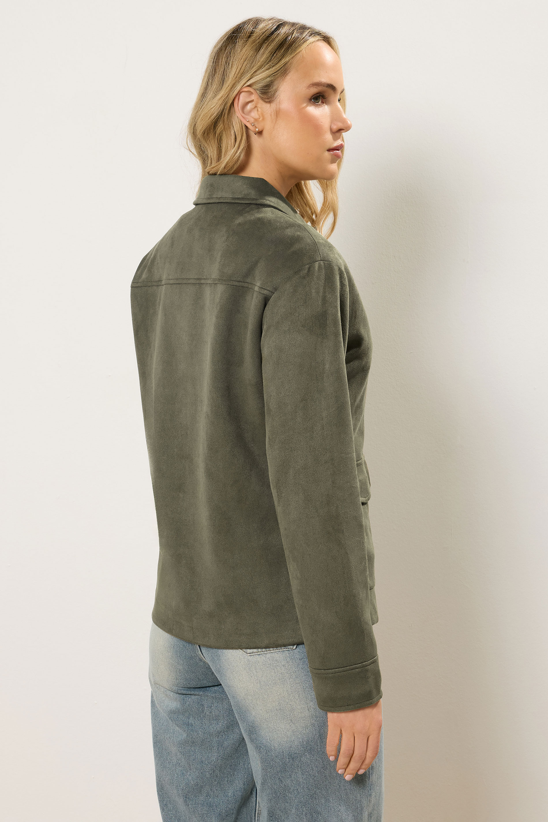 LTS Tall Women's Khaki Green Faux Suede Trucker Jacket | Long Tall Sally 4