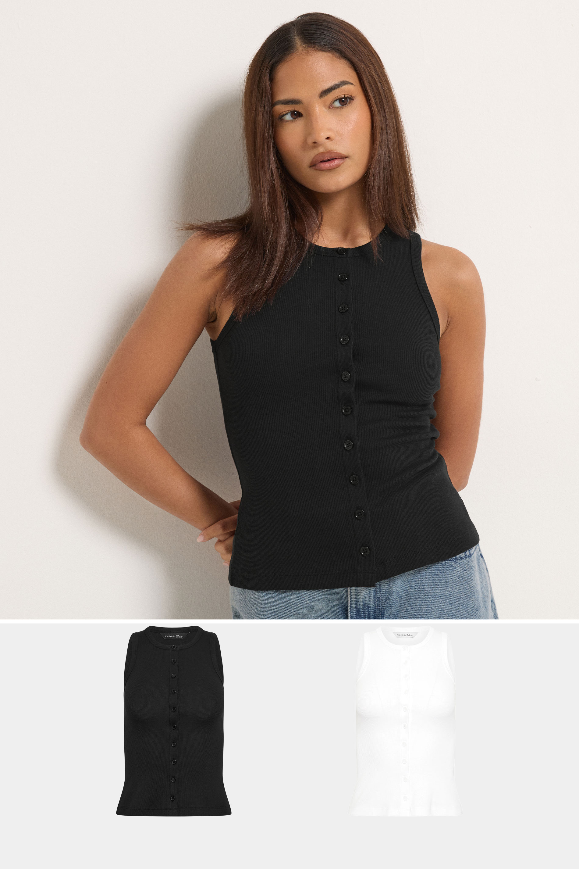 PixieGirl Petite 2 PACK Women's White & Black Ribbed Cotton Vest Top | PixieGirl 3