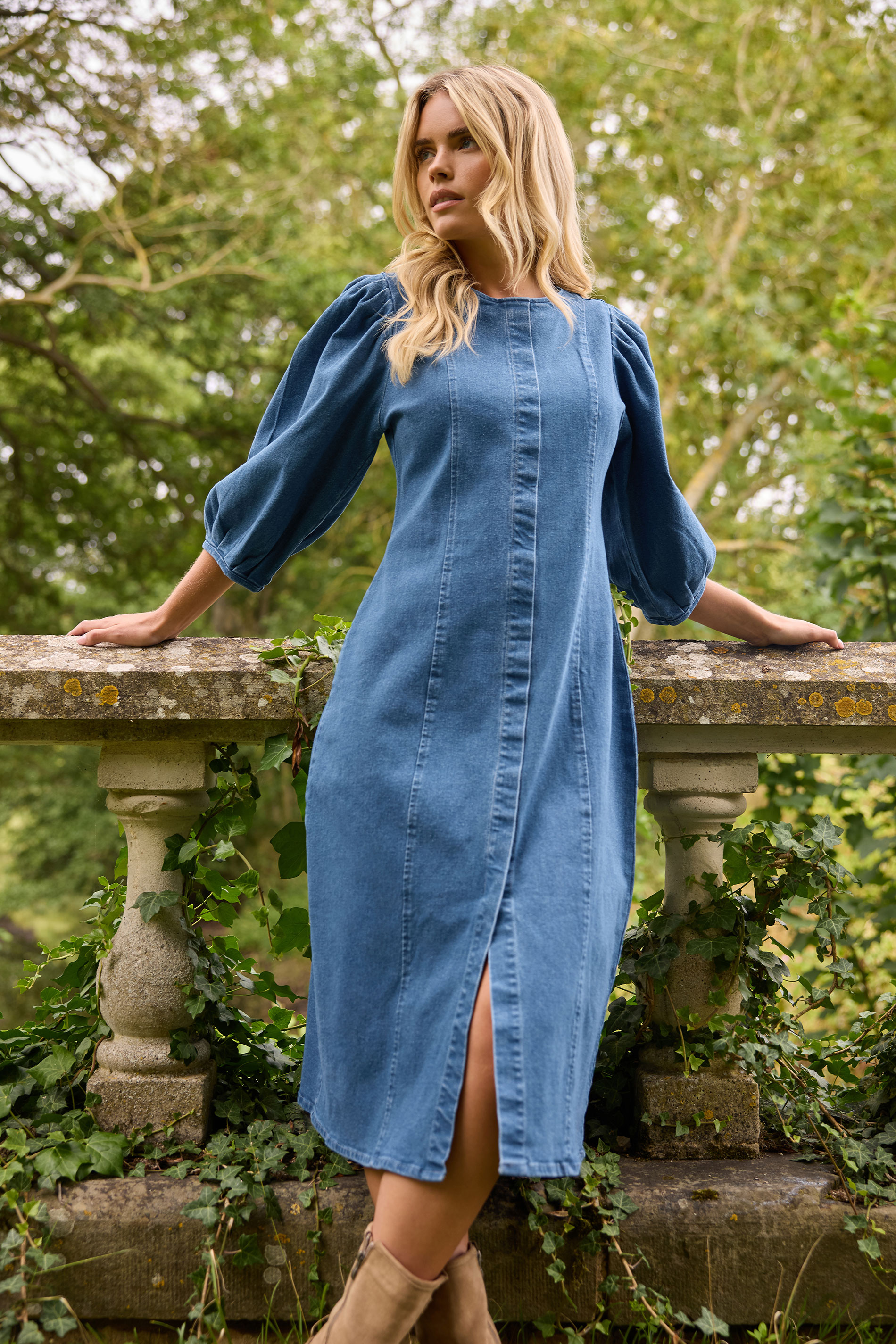 PixieGirl Petite Women's Mid Blue Puff Sleeve Cotton Midi Dress | PixieGirl 6