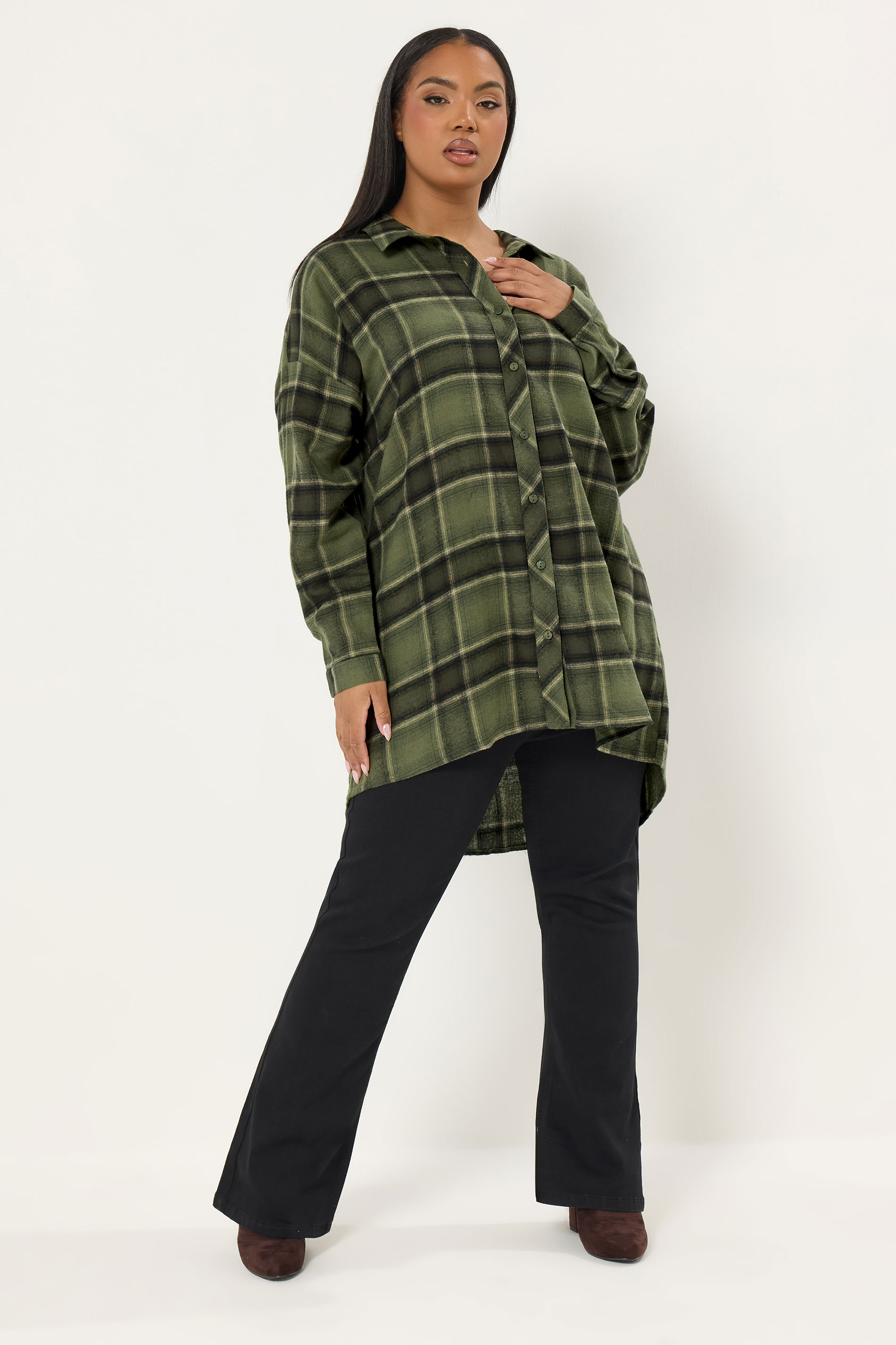 YOURS Plus Size Khaki Green Oversized Check Shirt | Yours Clothing  1