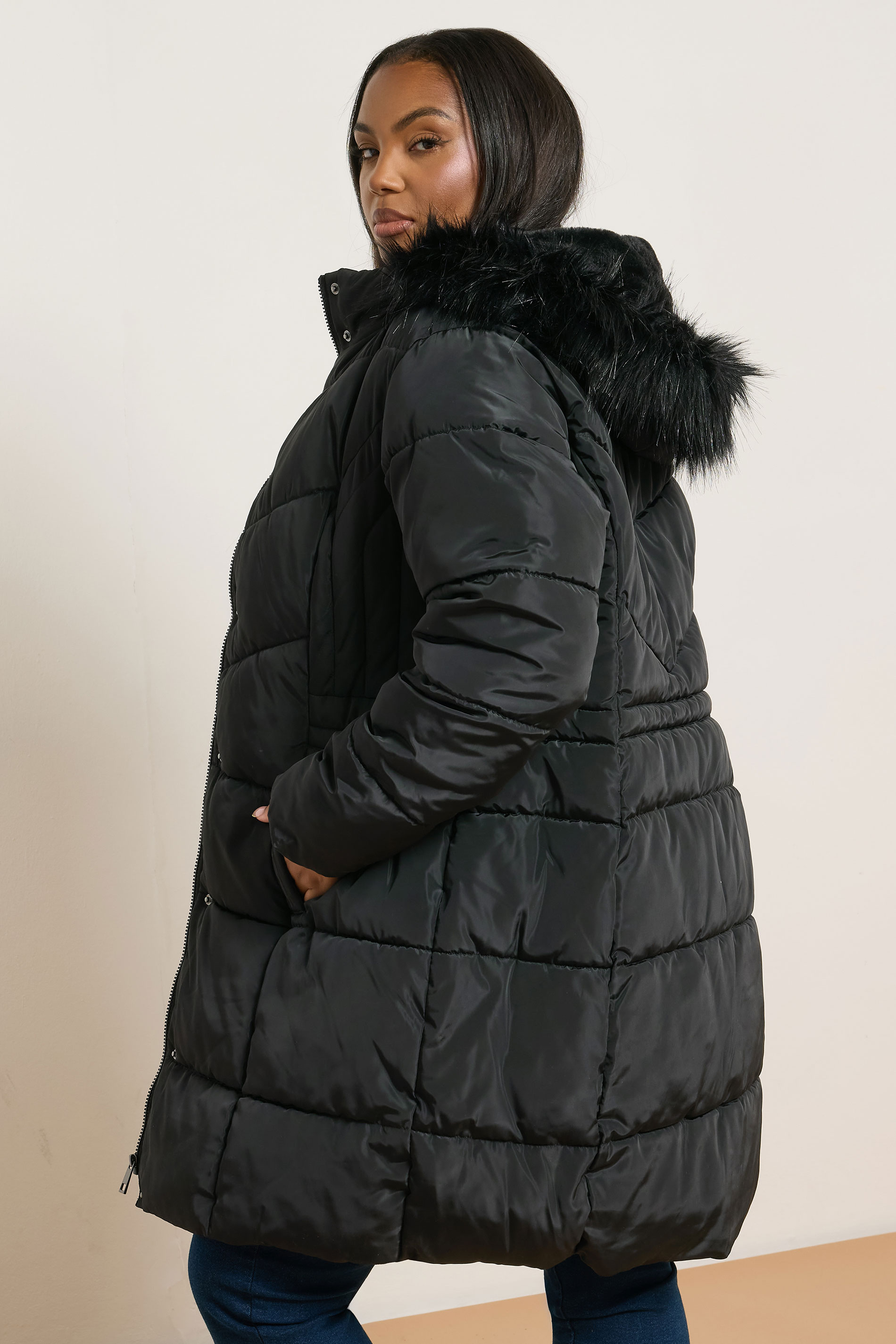 YOURS Plus Size Black Puffer Midi Coat | Yours Clothing 2