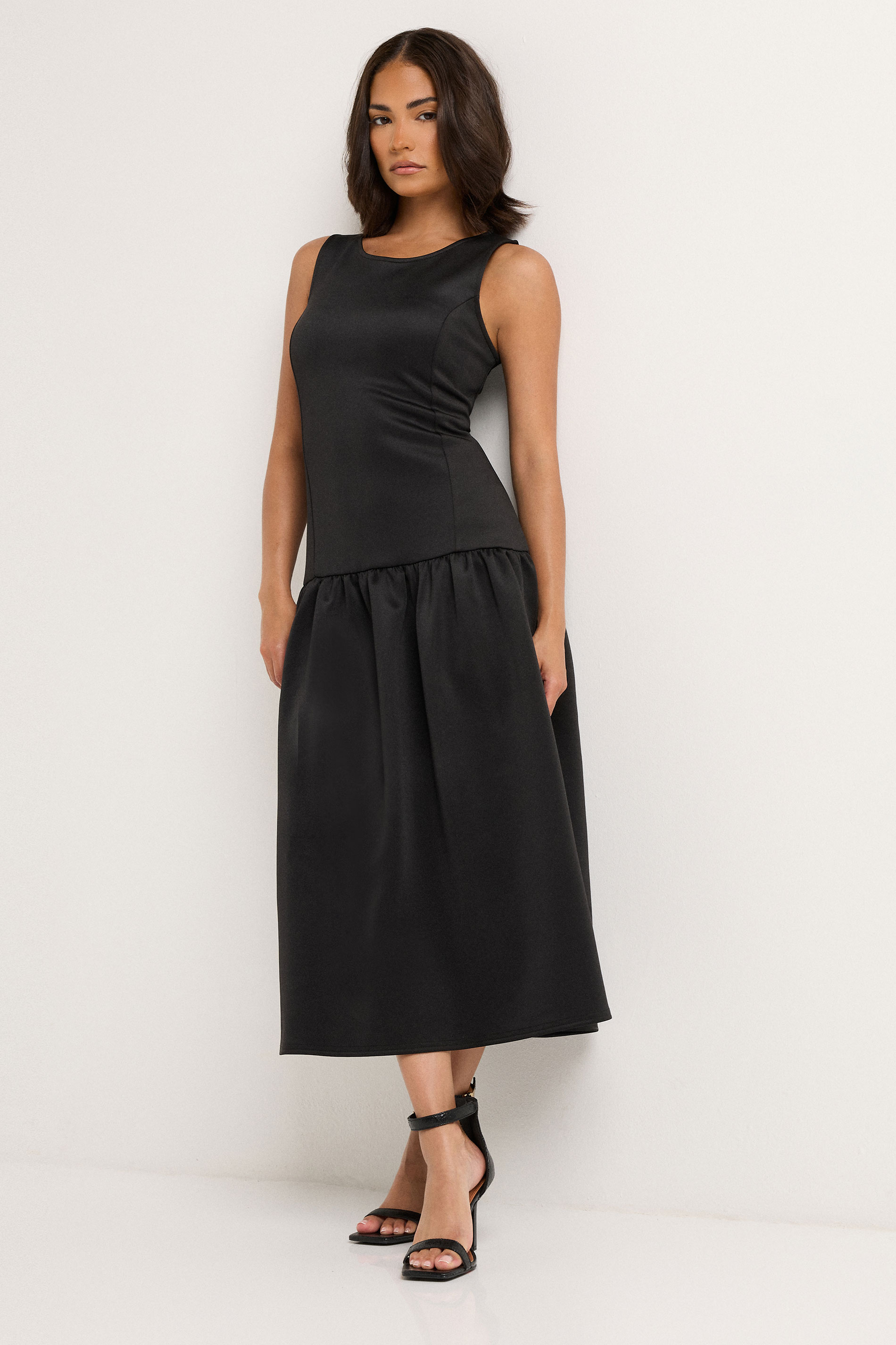 PixieGirl Petite Women's Black Scuba Drop Waist Midi Dress | PixieGirl 1