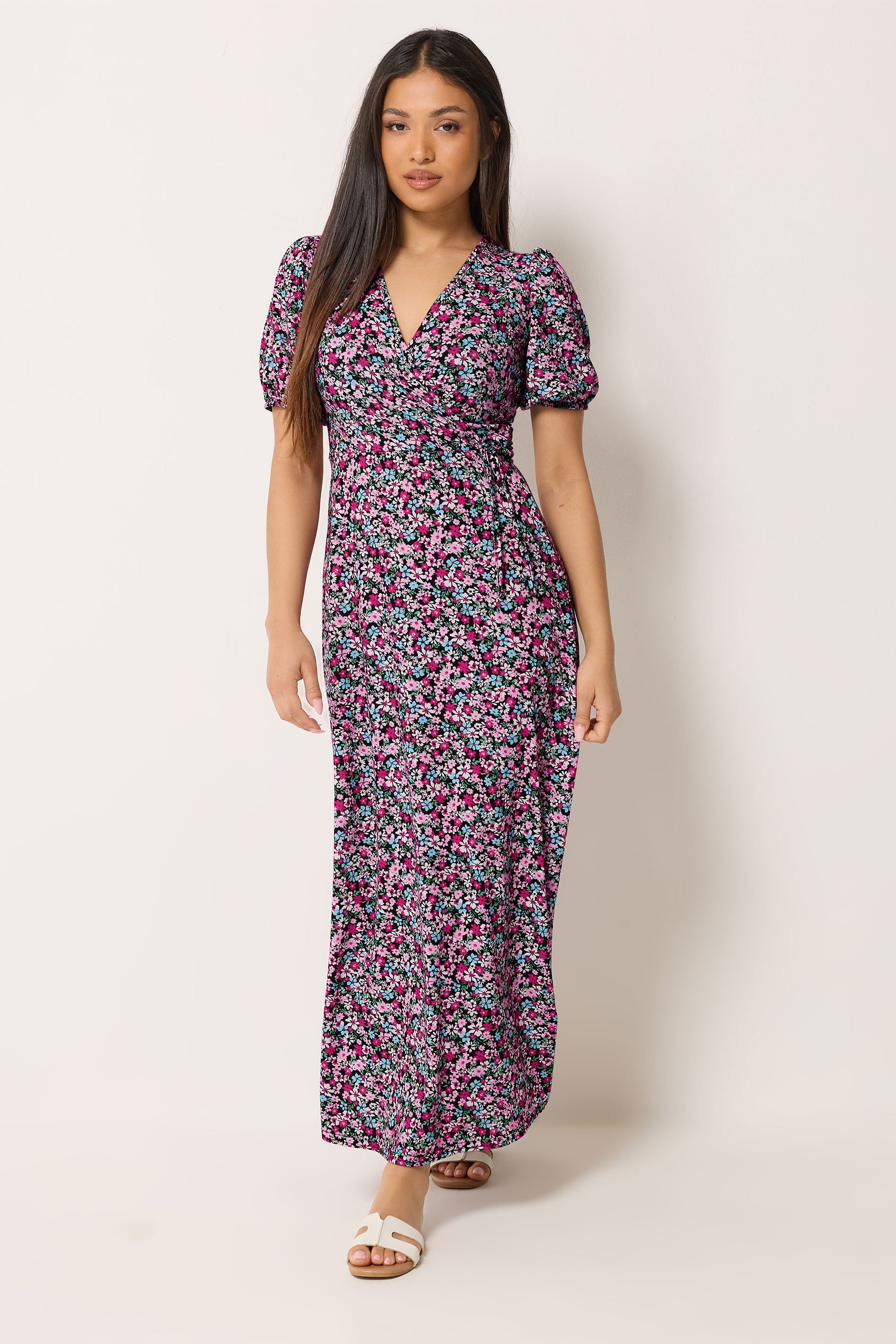 M&Co Petite Pink Ditsy Floral Print Maxi Wrap Dress | M&Co 1