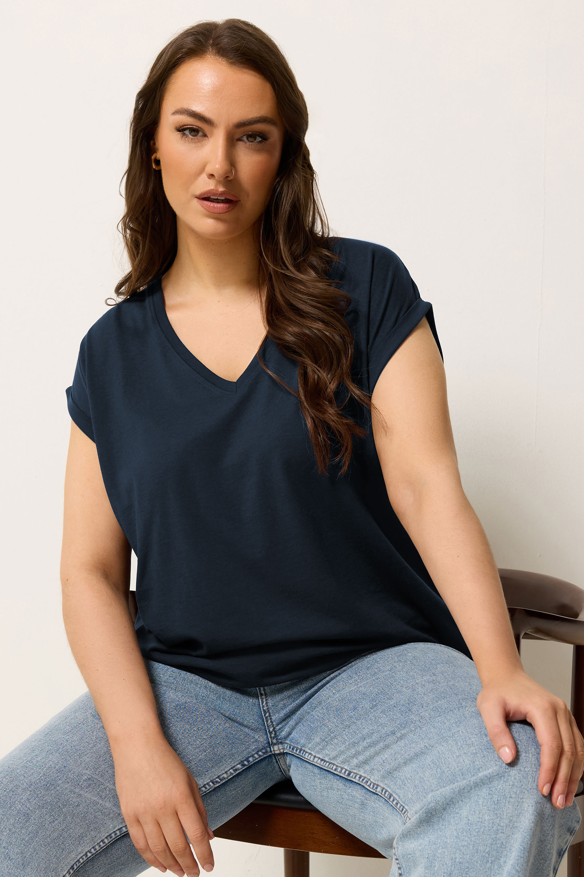 YOURS Plus Size Navy Blue V-Neck Basic T-Shirt | Yours Clothing 1