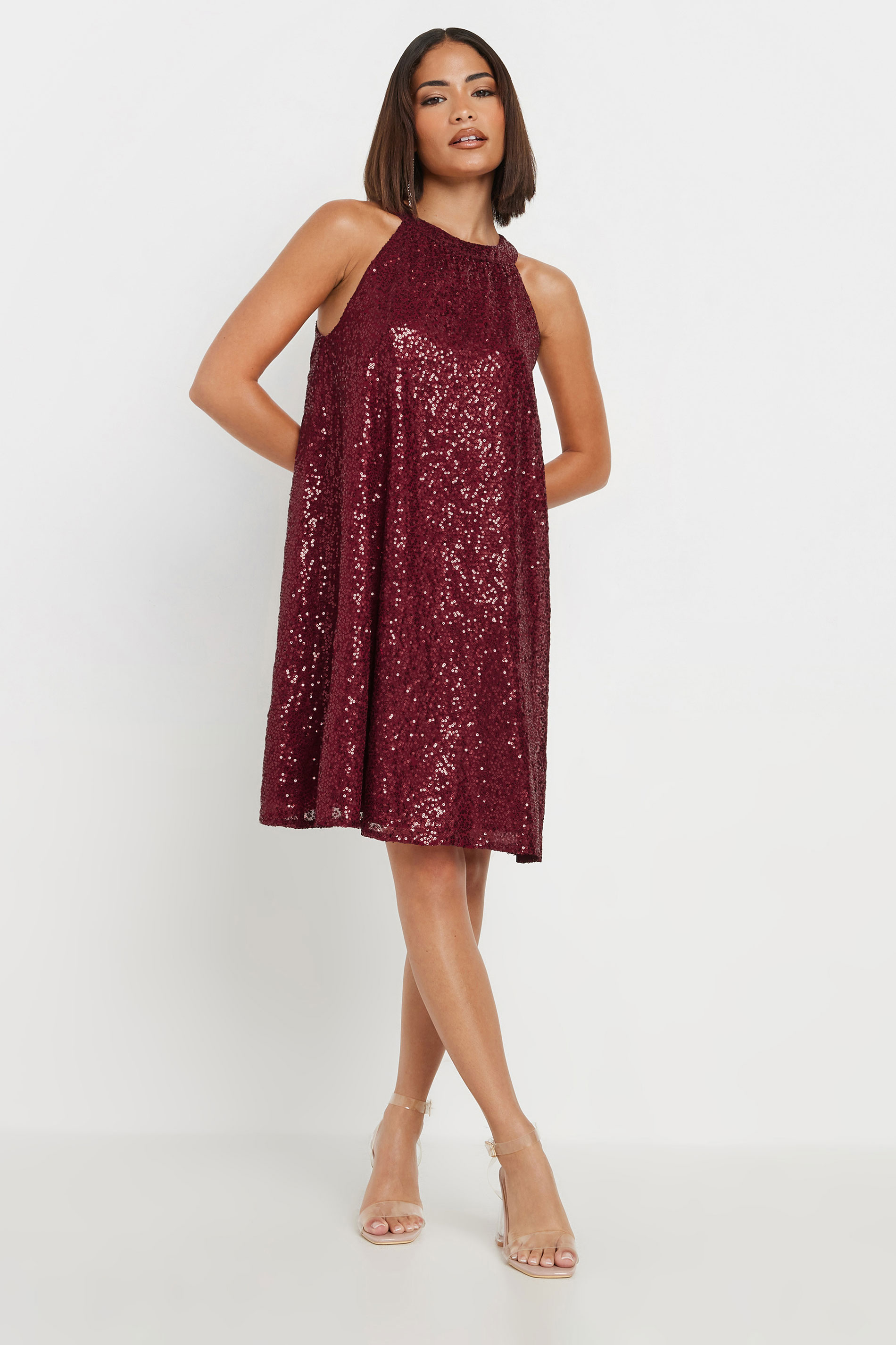 PixieGirl Petite Women's Burgundy Red Sequin Embellished Halter Neck Dress | PixieGirl 3
