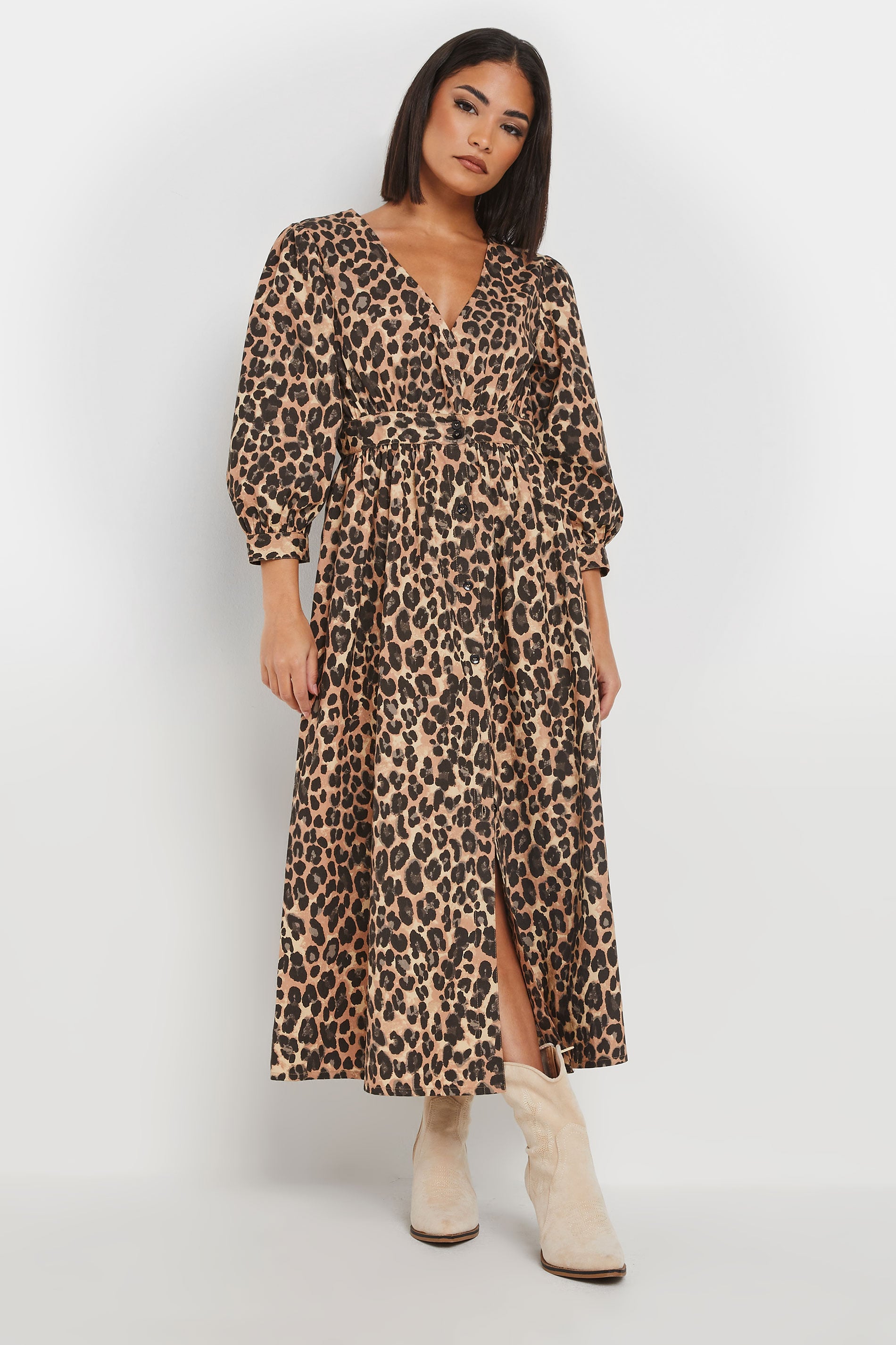 PixieGirl Petite Women's Brown Leopard Print Button Midi Dress | PixieGirl 1