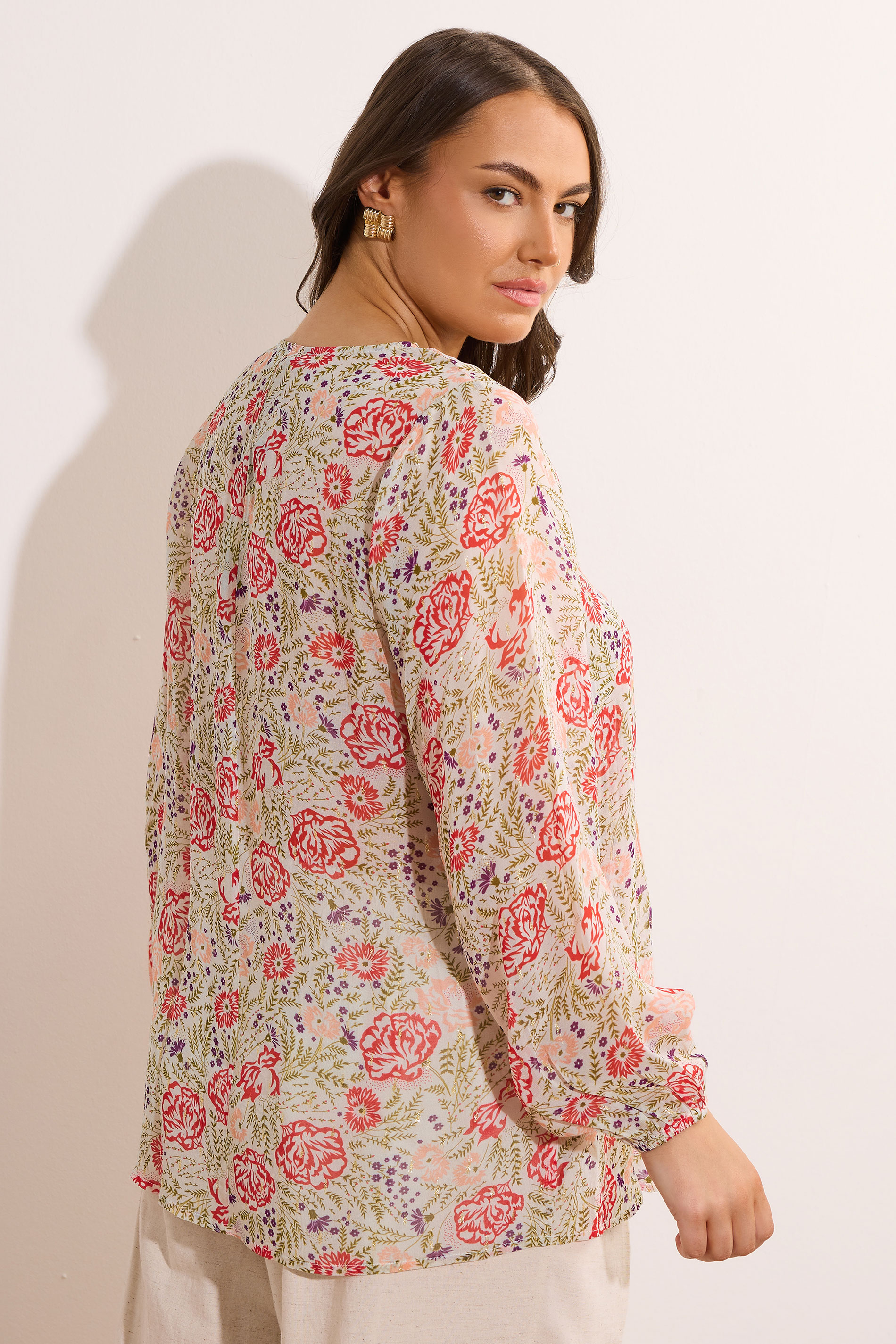 EVANS Plus Size Natural Brown Floral Tie Neck Blouse | Evans 4