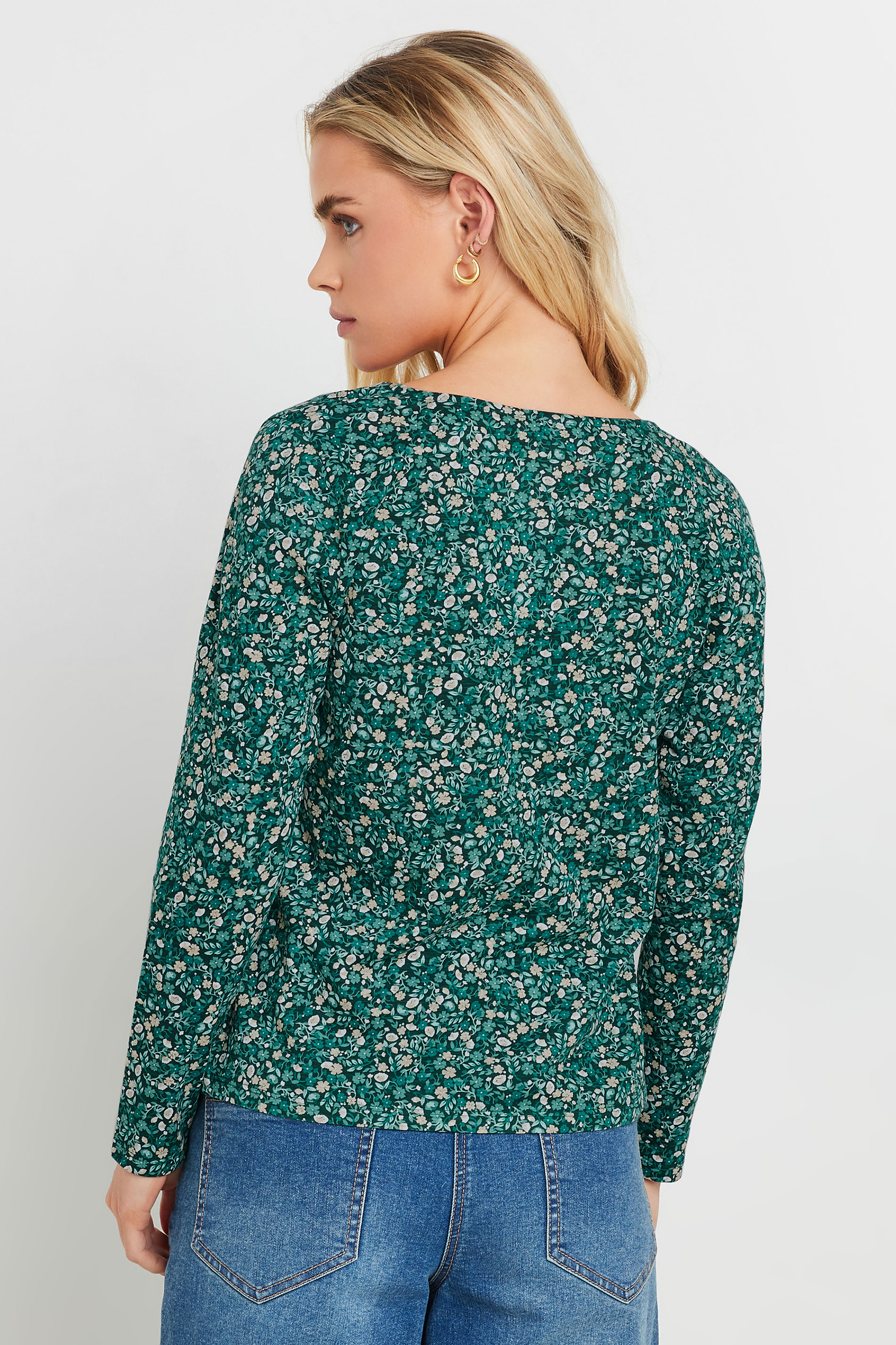 M&Co Petite Green Ditsy Floral Print Cotton Notch Neck T-Shirt | M&Co 2