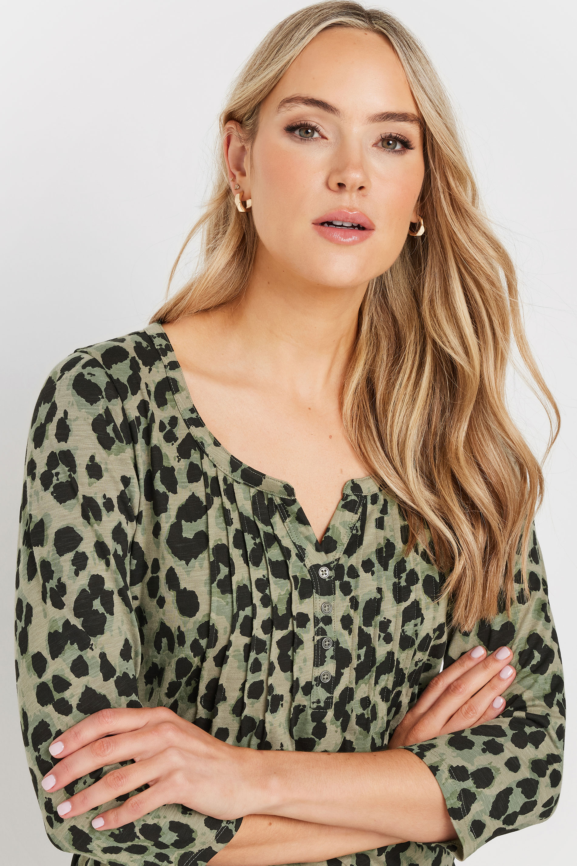 LTS Tall Khaki Green Leopard Print Cotton Henley Top | Long Tall Sally 4