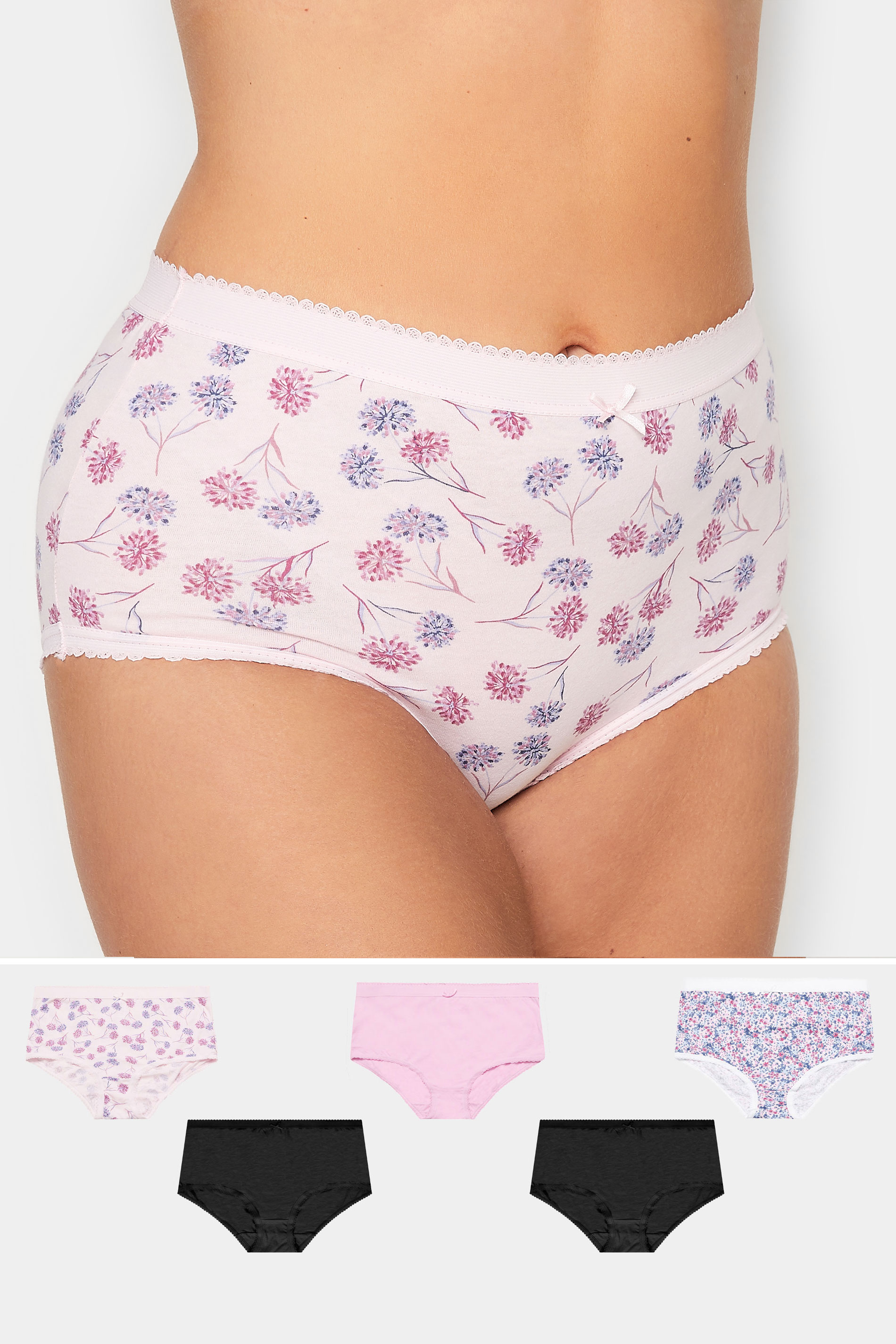 YOURS Curve Plus Size 5 PACK Black & Pink Painted Floral Print Full Briefs | Yours Clothing  1