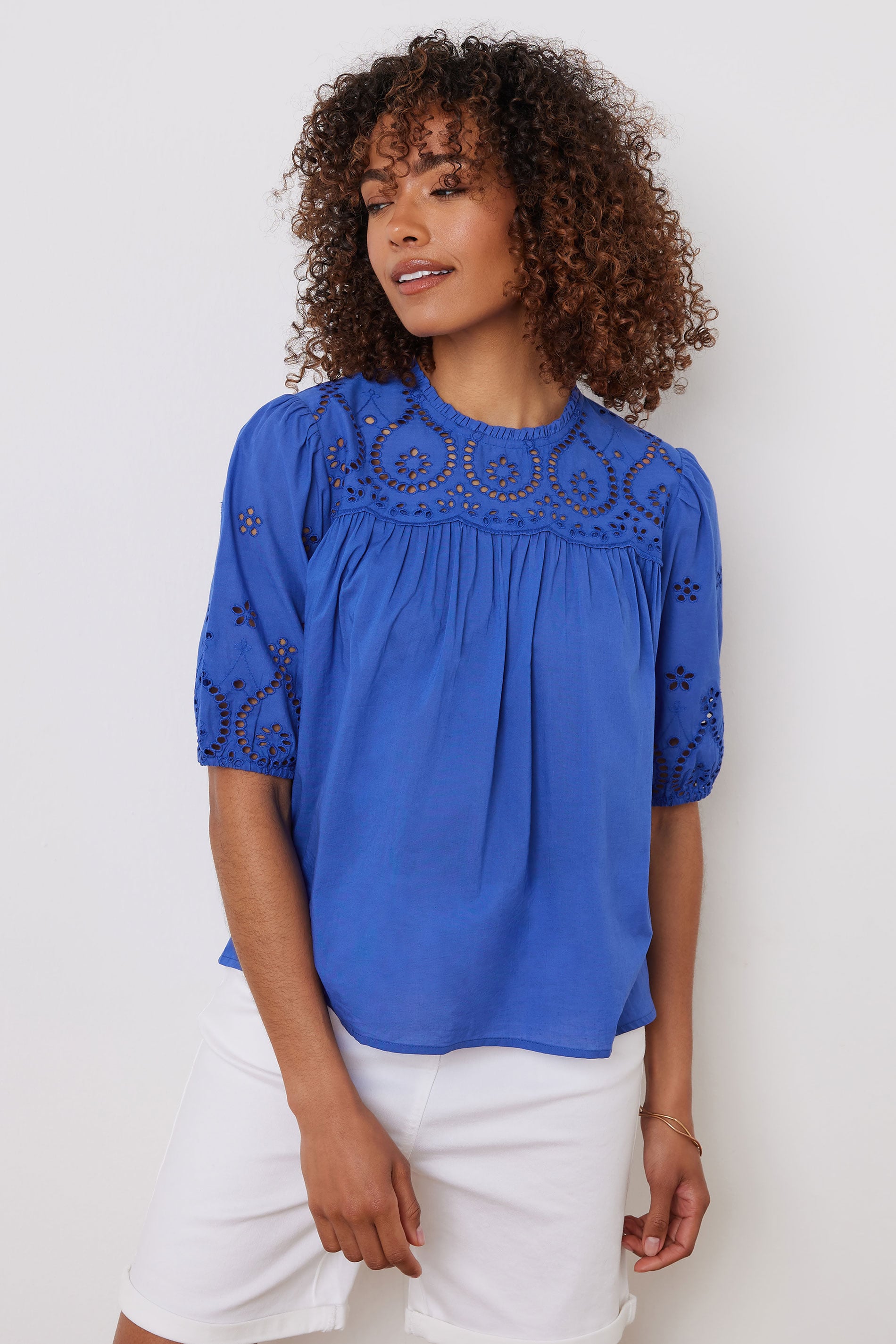 M&Co Cobalt Blue Cotton Broderie Panel Blouse | M&Co 1