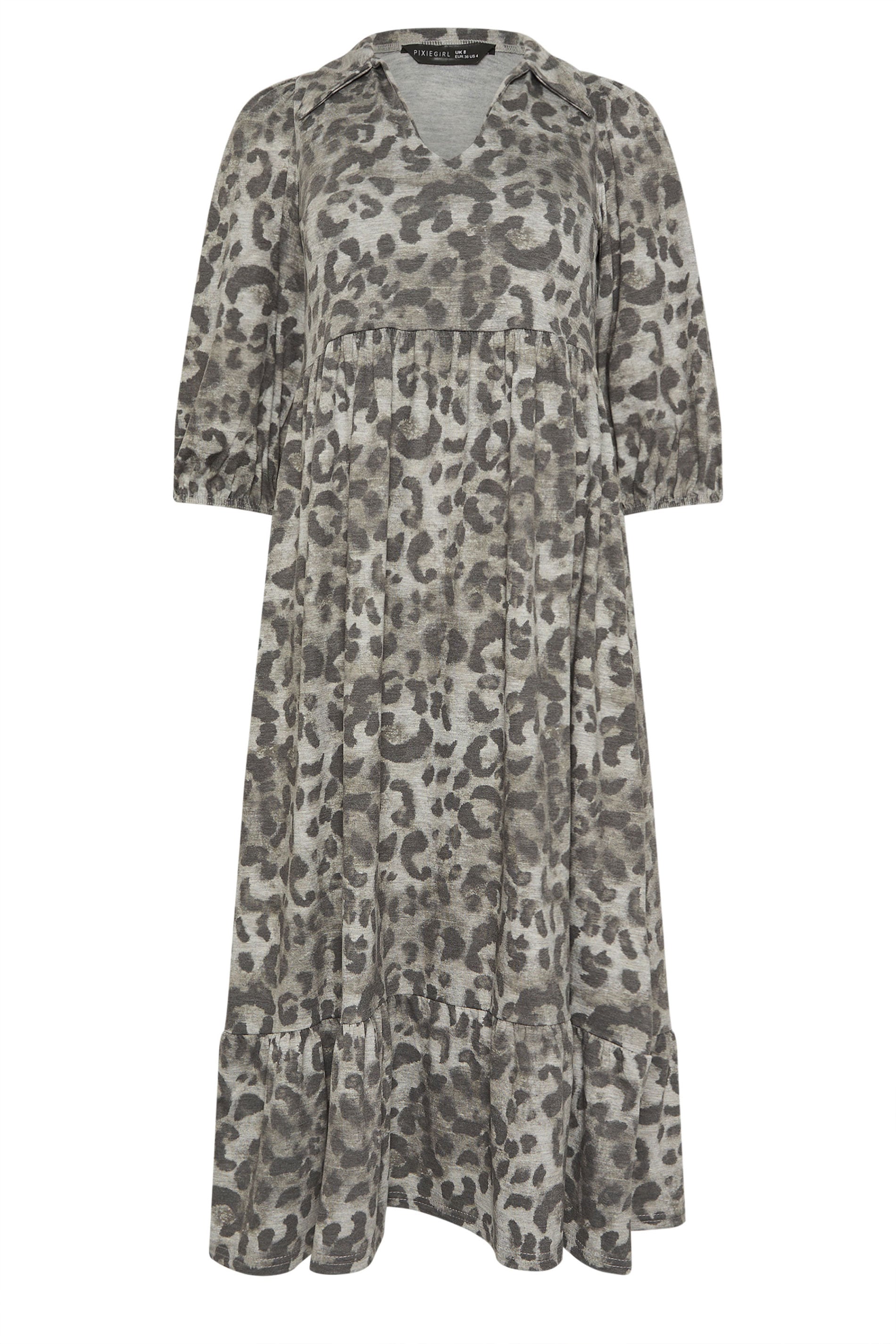 PixieGirl Petite Women's Grey Animal Print Collar Midi Dress | PixieGirl 5