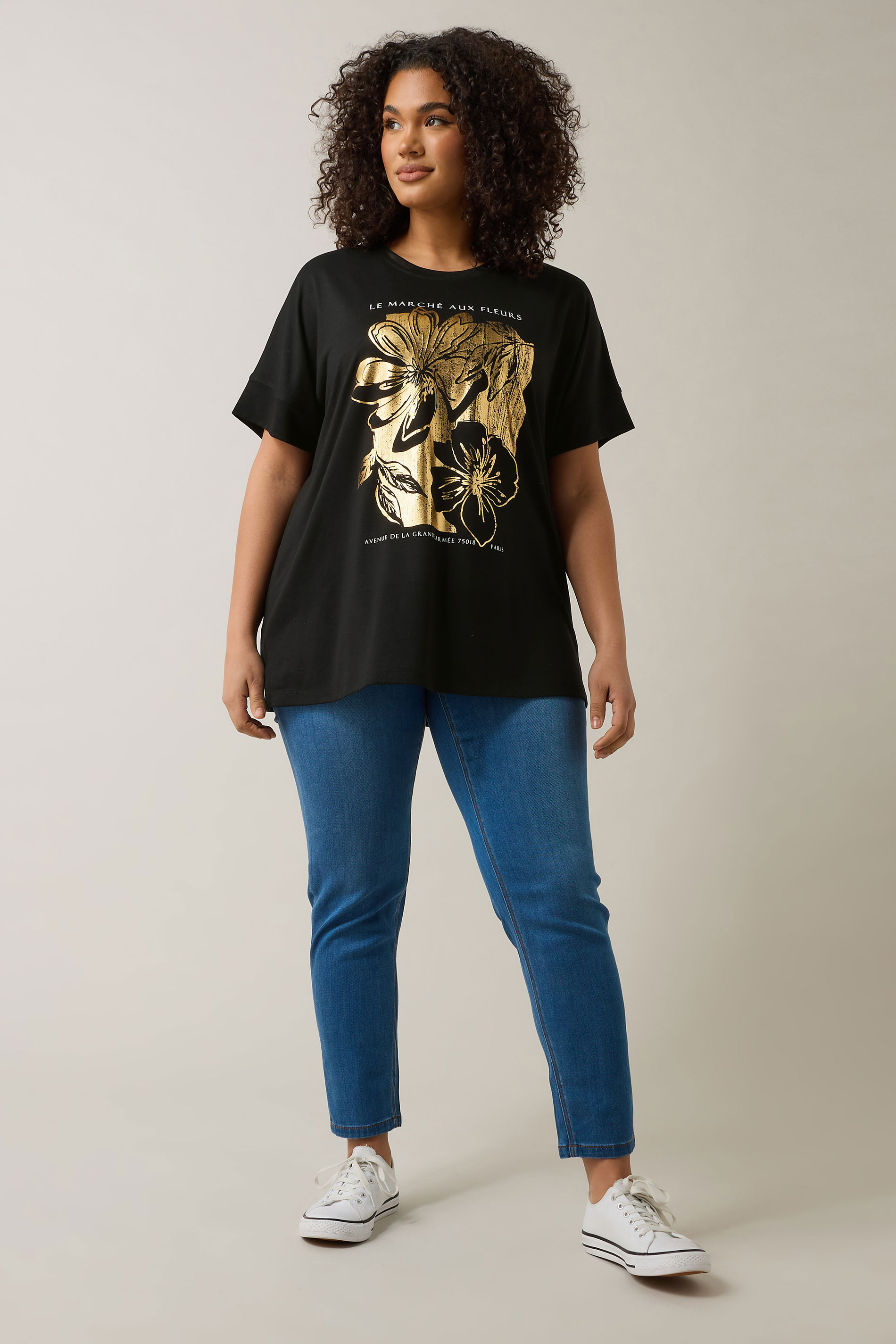 EVANS Plus Size Black Metallic Floral Print Modal Rich T-Shirt | Evans 2