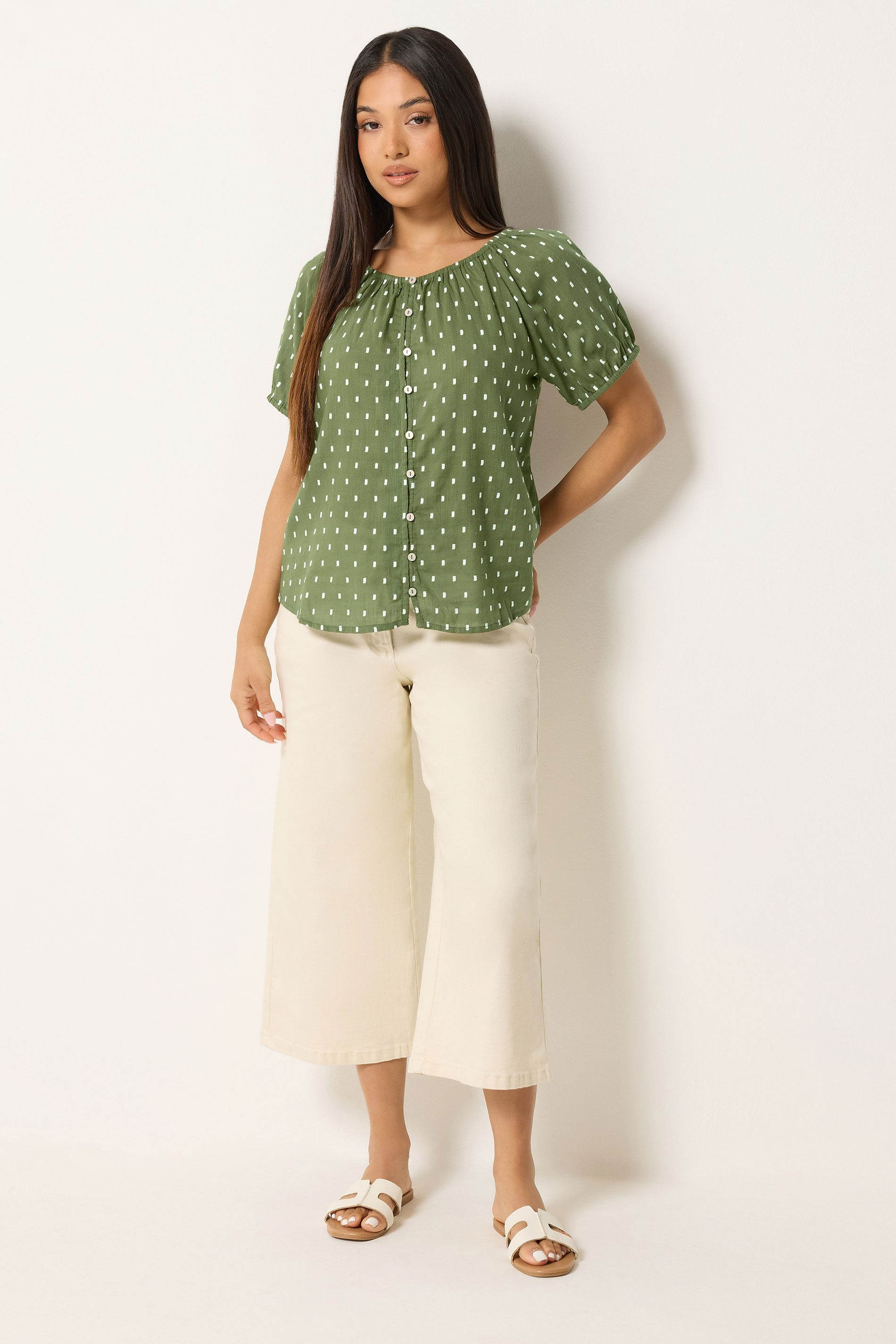 M&Co Petite Khaki Green Dobby Button Up Cotton Blouse | M&Co 1