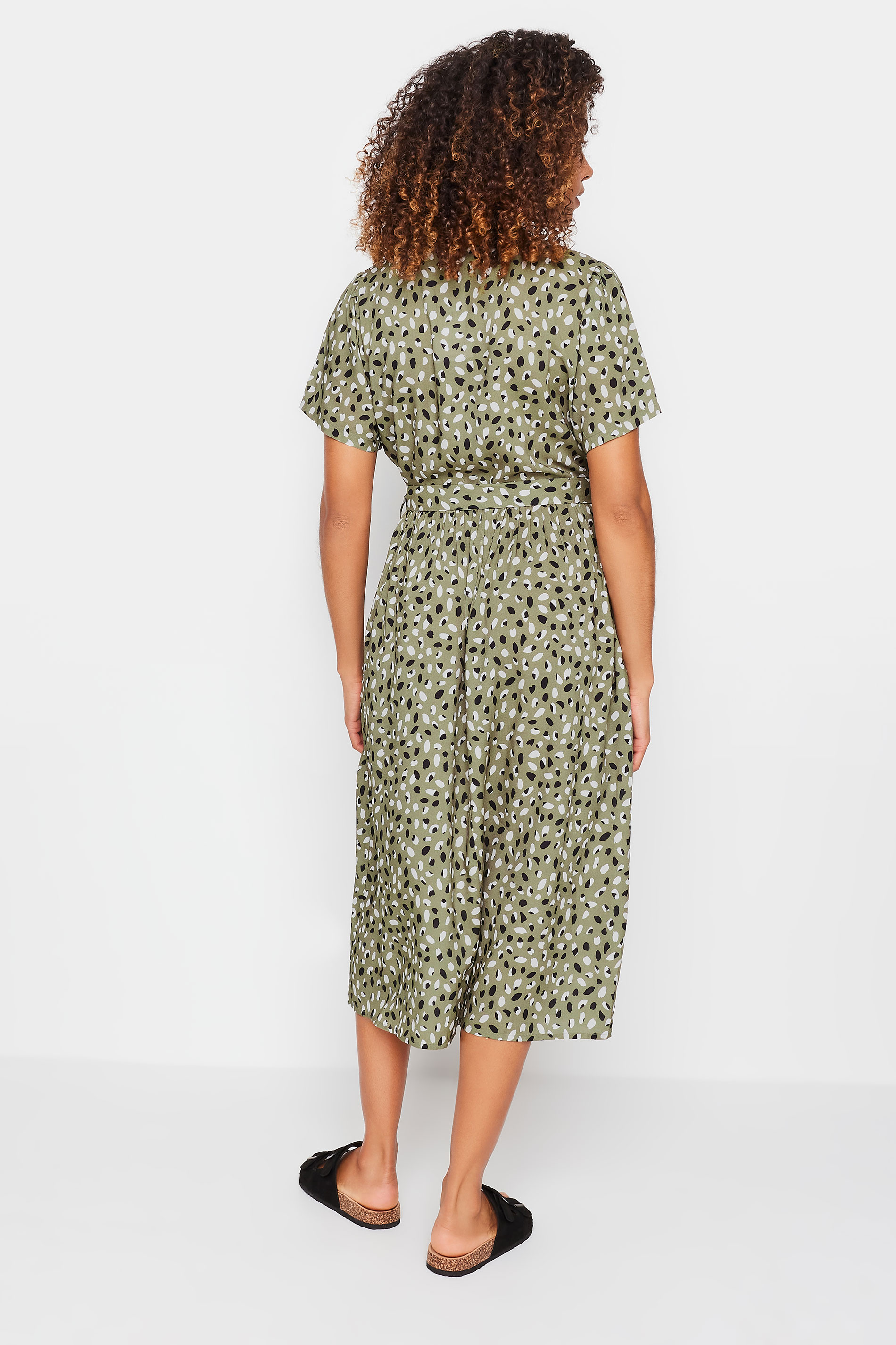 M&Co Khaki Green Spot Print Half Placket Dress | M&Co 3