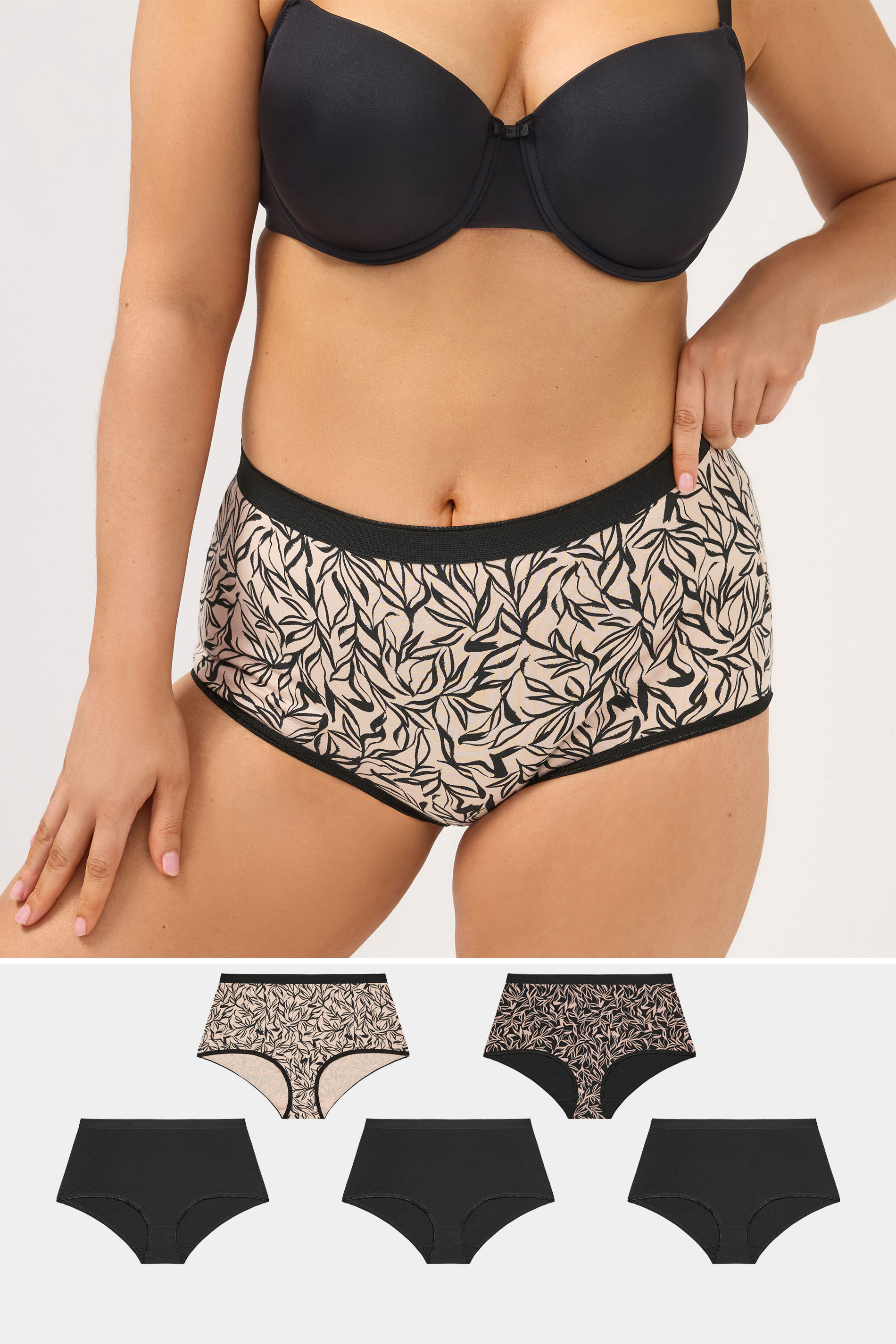 YOURSET 5 PACK Plus Size Black Leaf Print Full Briefs | Yours Clothing 1