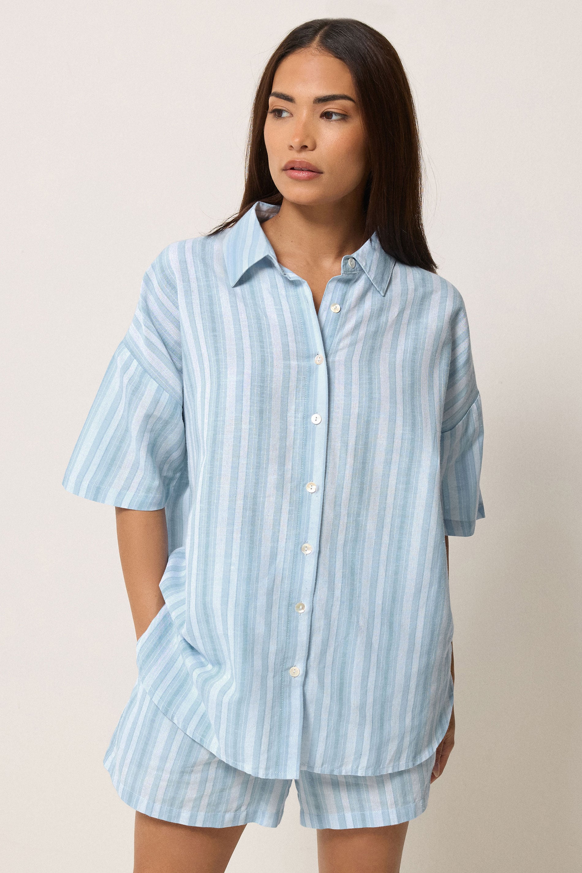 PixieGirl Petite Women's Set Blue Stripe Cotton Shirt & Shorts | PixieGirl 1
