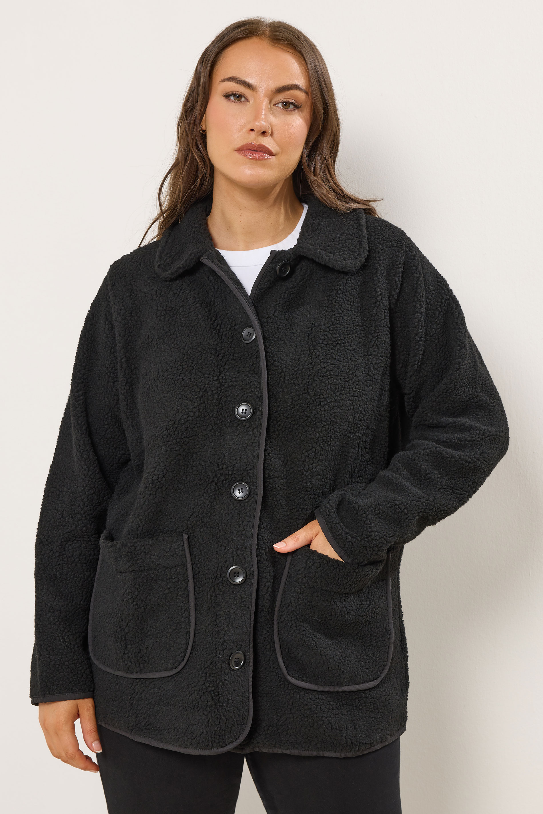 YOURS Plus Size Black Button Teddy Fleece Jacket | Yours Clothing 3