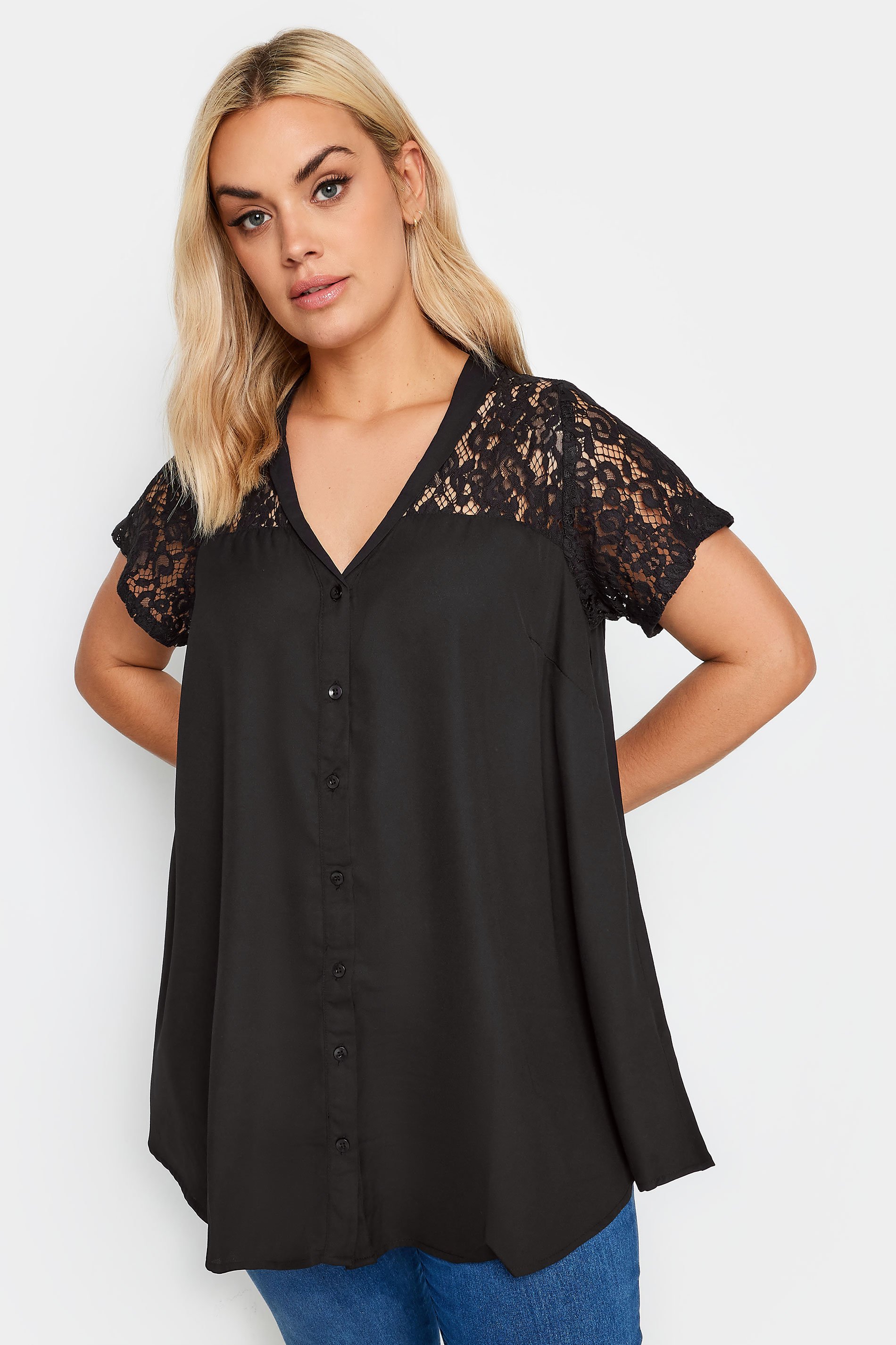 YOURS Plus Size Black Lace Insert Blouse | Yours Clothing 1
