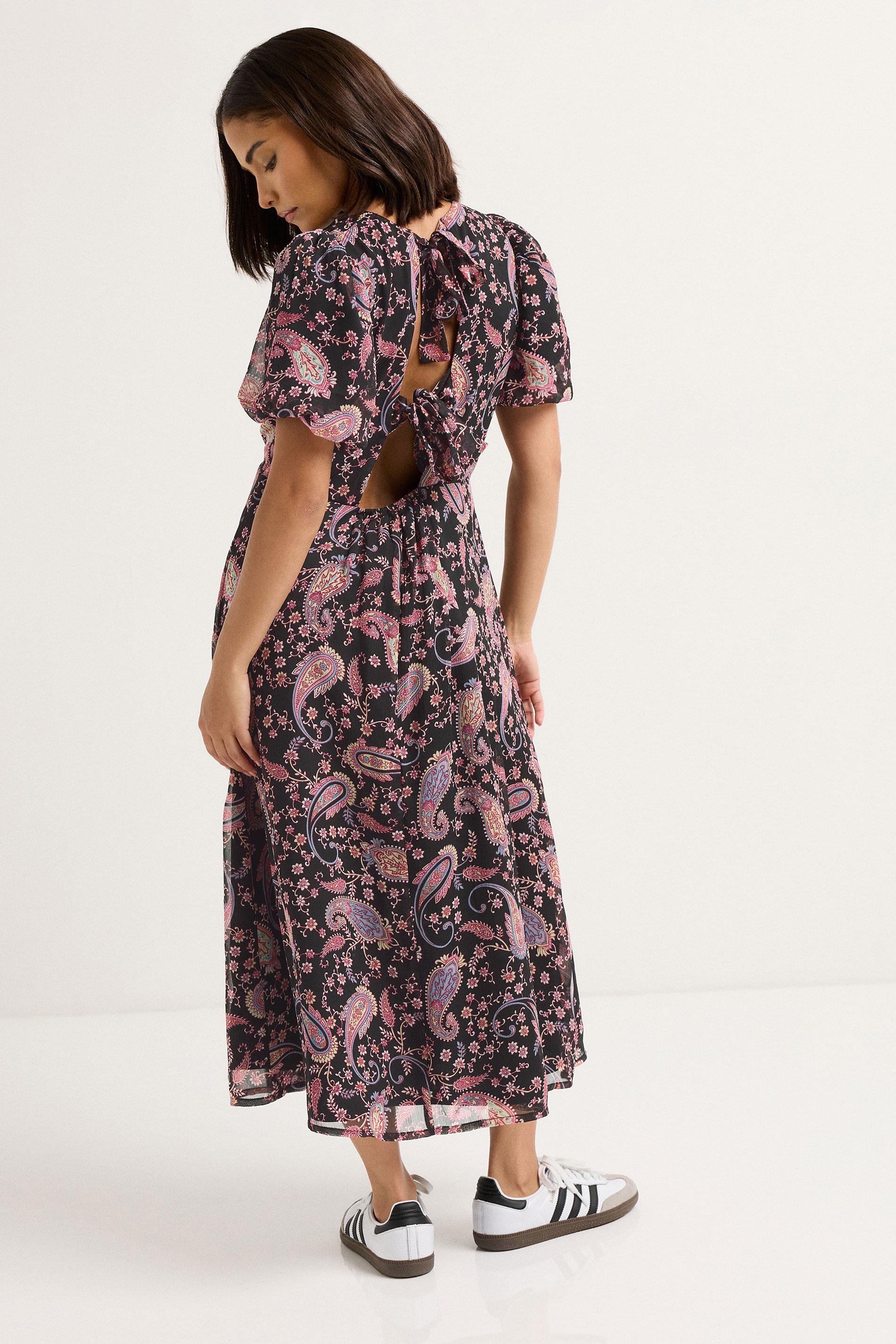 PixieGirl Petite Women's Black Chiffon Paisley Tie Back Dress | PixieGirl 4