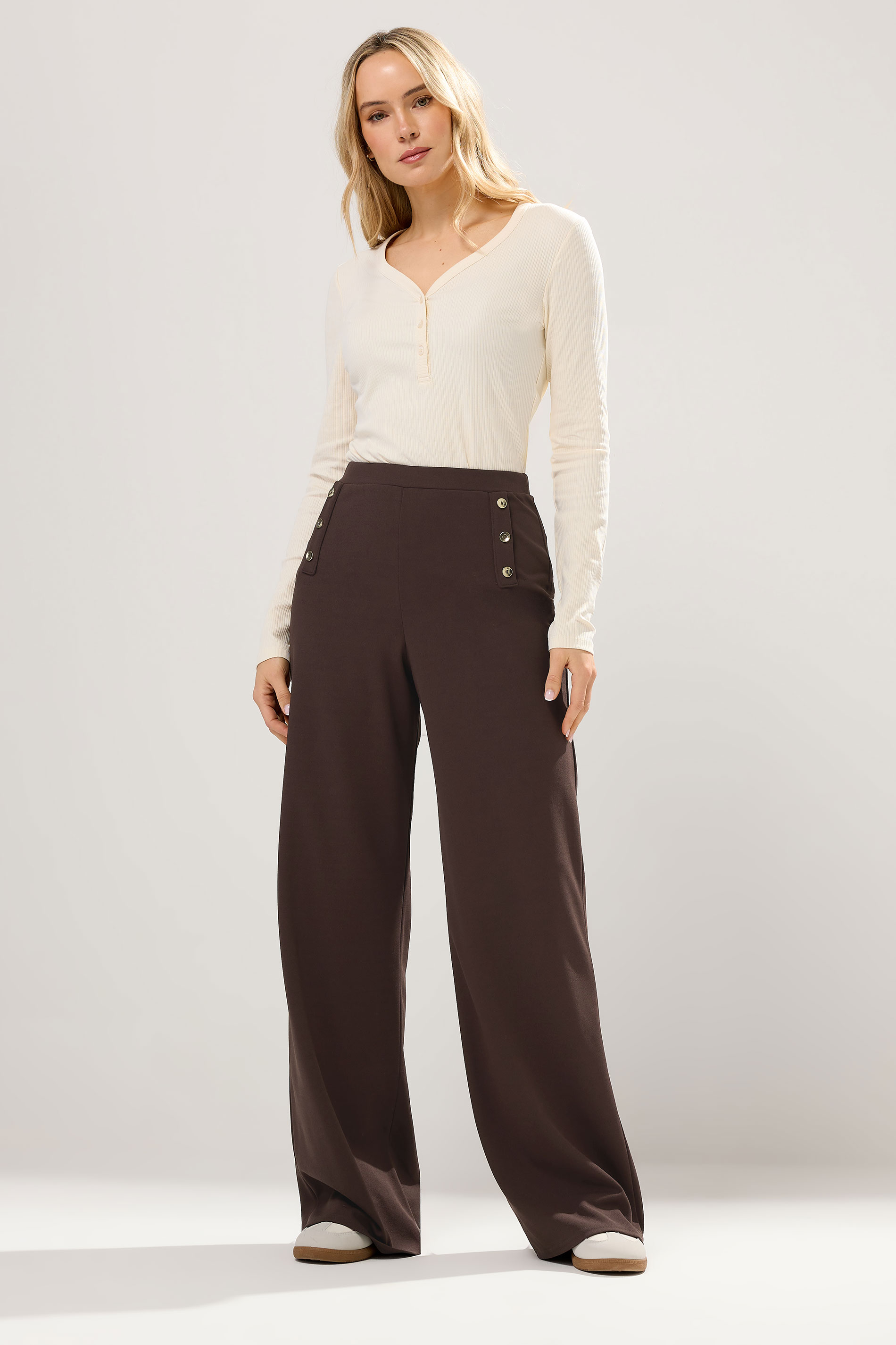 LTS Tall Chocolate Brown Military Wide Leg Trousers | Long Tall Sally 3