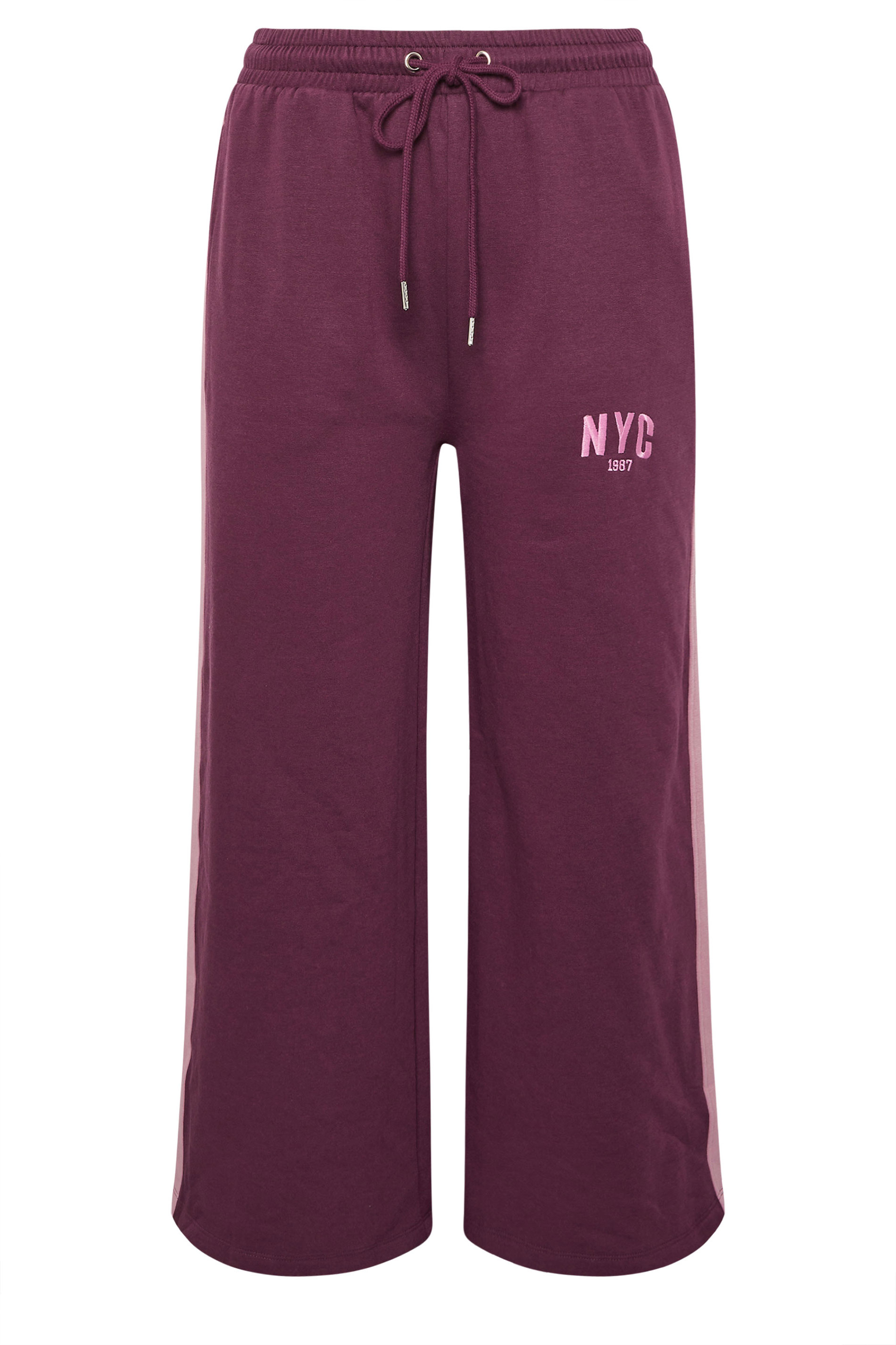 YOURS Plus Size Burgundy Red 'NYC' Side Stripe Wide Leg Joggers | Yours Clothing 5