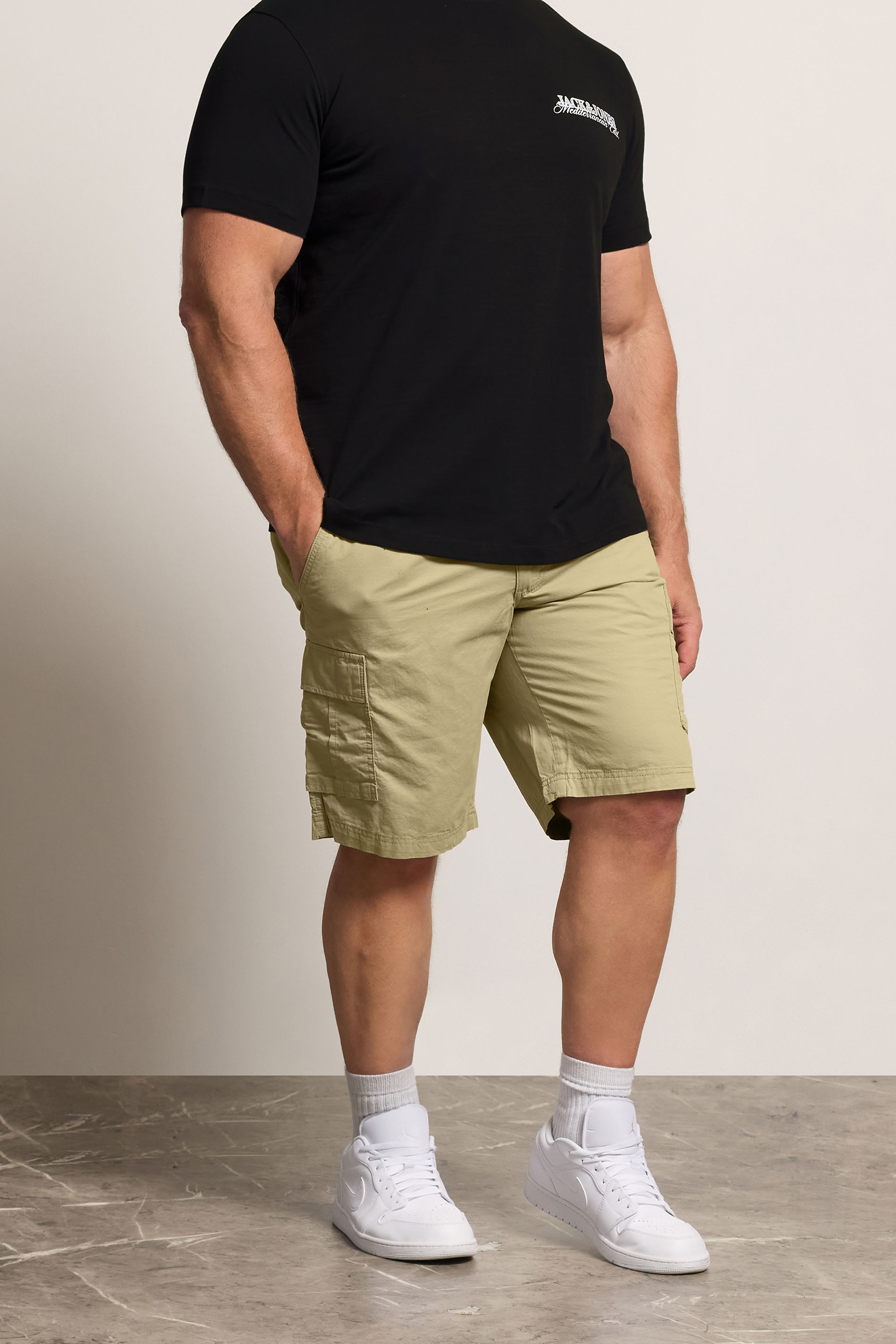 JACK & JONES Big & Tall 2 PACK Neutral And Olive Green Cargo Shorts | BadRhino 1