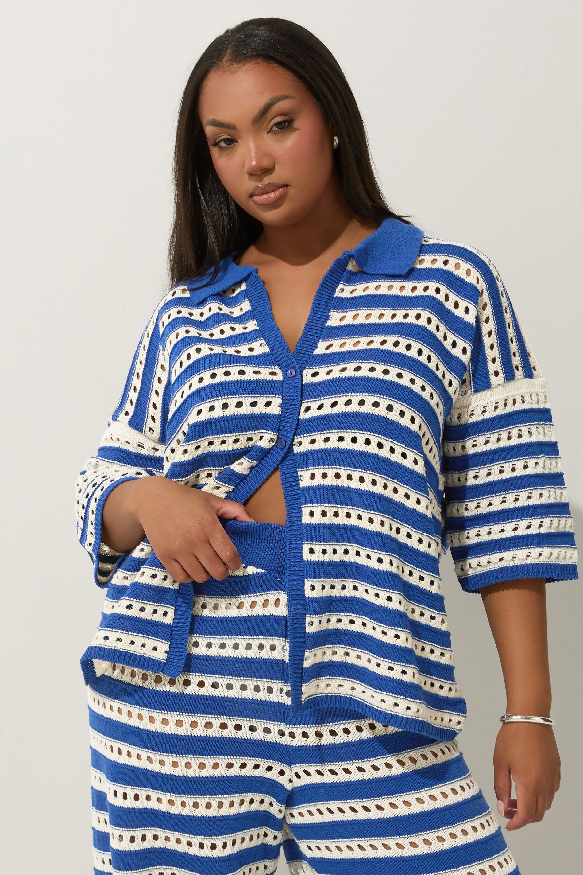 LIMITED COLLECTION Plus Size Blue & White Stripe Crochet Shirt | Yours Clothing 3