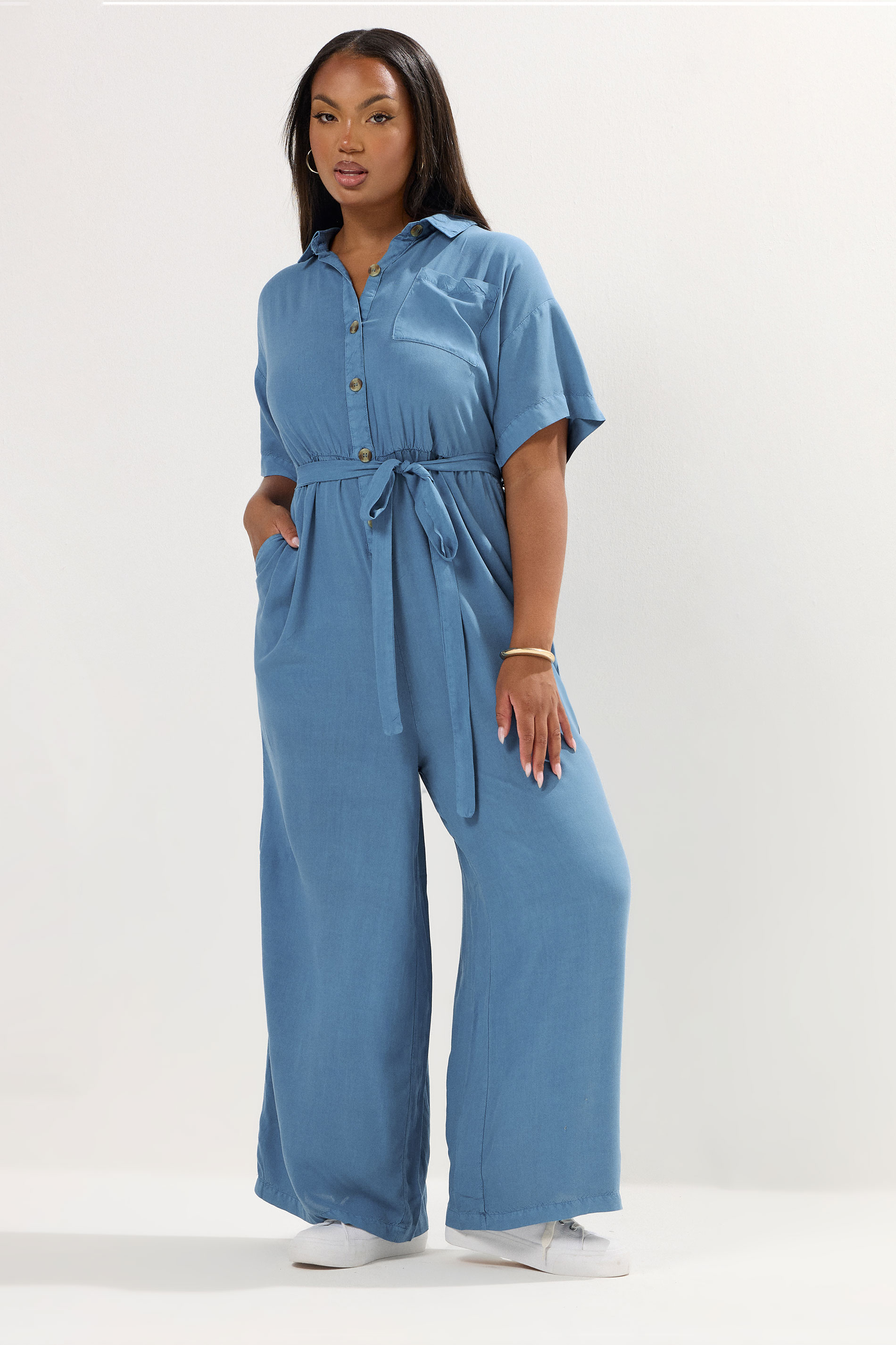 YOURS Plus Size Blue Wide Leg Chambray Jumpsuit | Yours Clothing 3