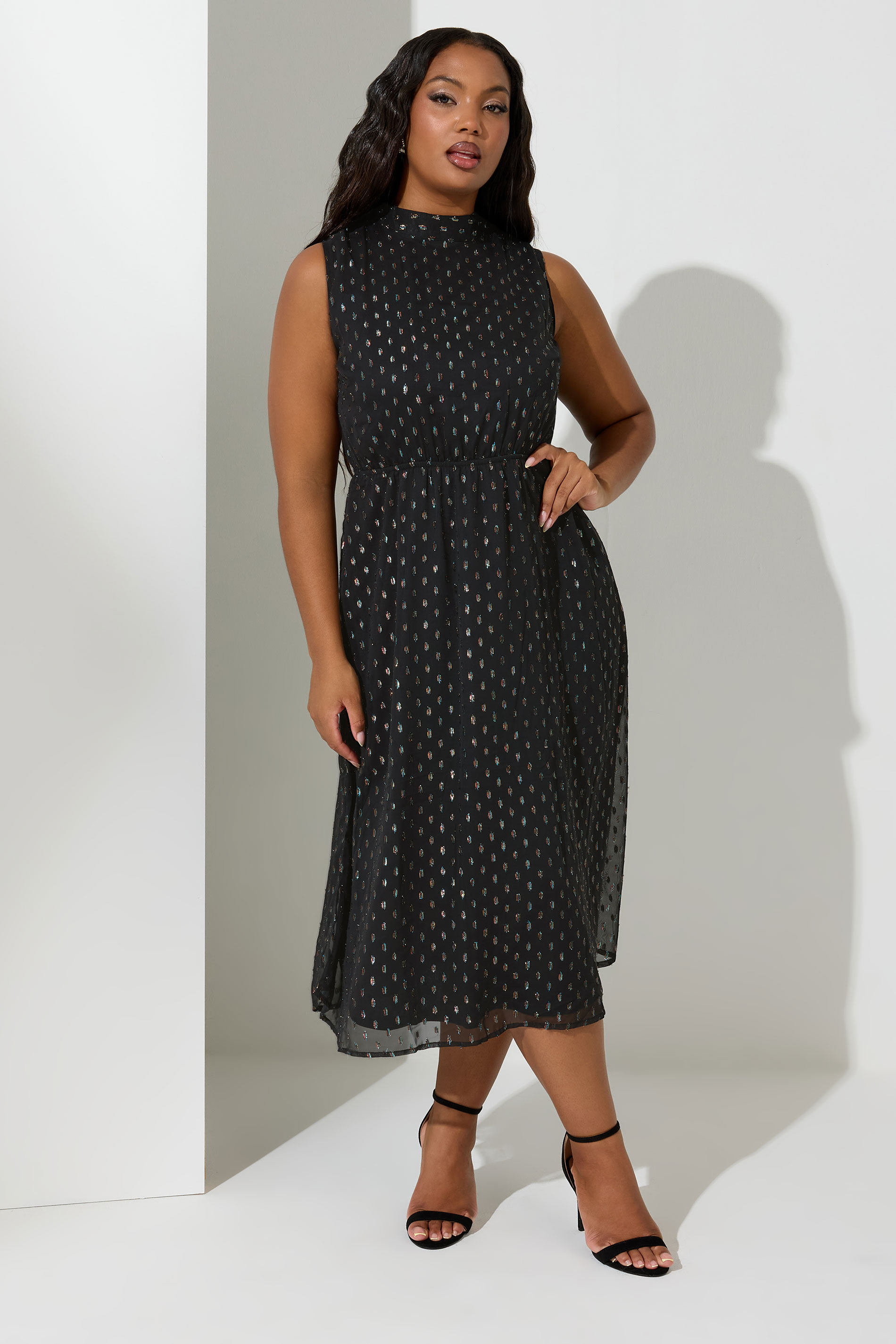 YOURS LONDON Plus Size Black Metallic Dobby Halter Neck Dress | Yours Clothing  3