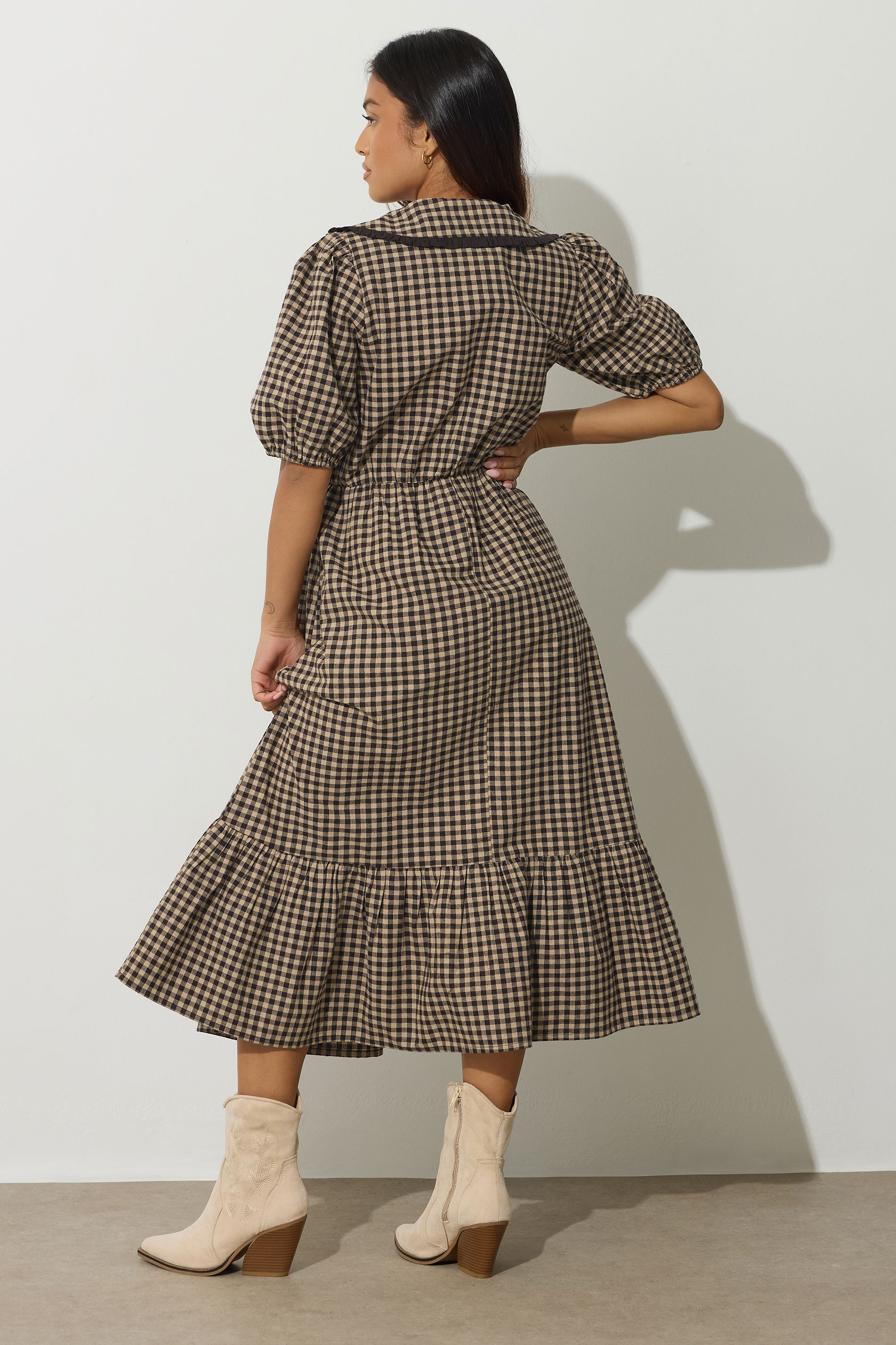 PixieGirl Petite Women's Brown Gingham Big Collar Cotton Maxi Dress | PixieGirl 4
