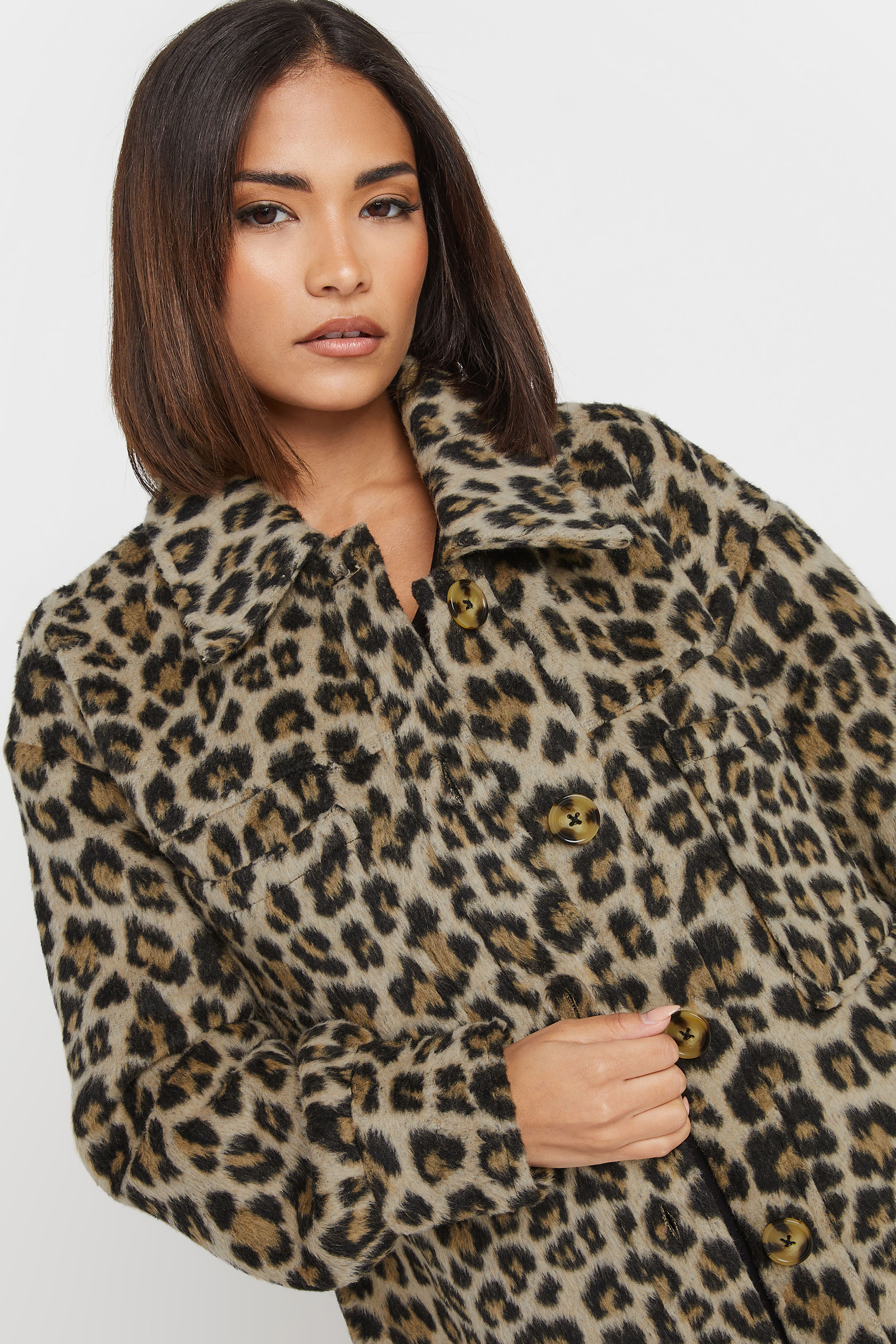 PixieGirl Petite Women's Beige Brown Leopard Print Longline Shacket | PixieGirl 1
